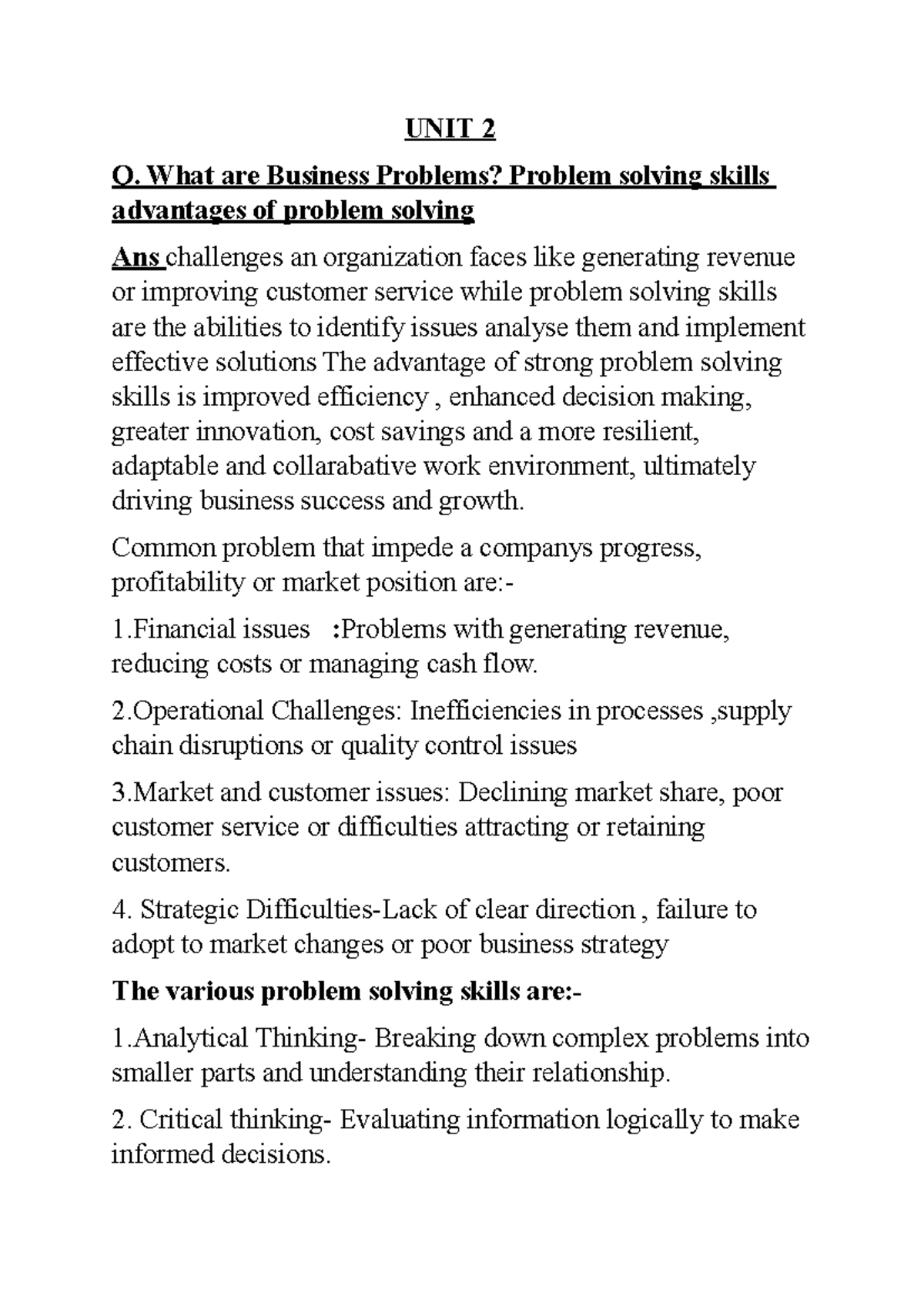 UNIT 2: Business Problems and Problem Solving Skills in Analytics - Studocu