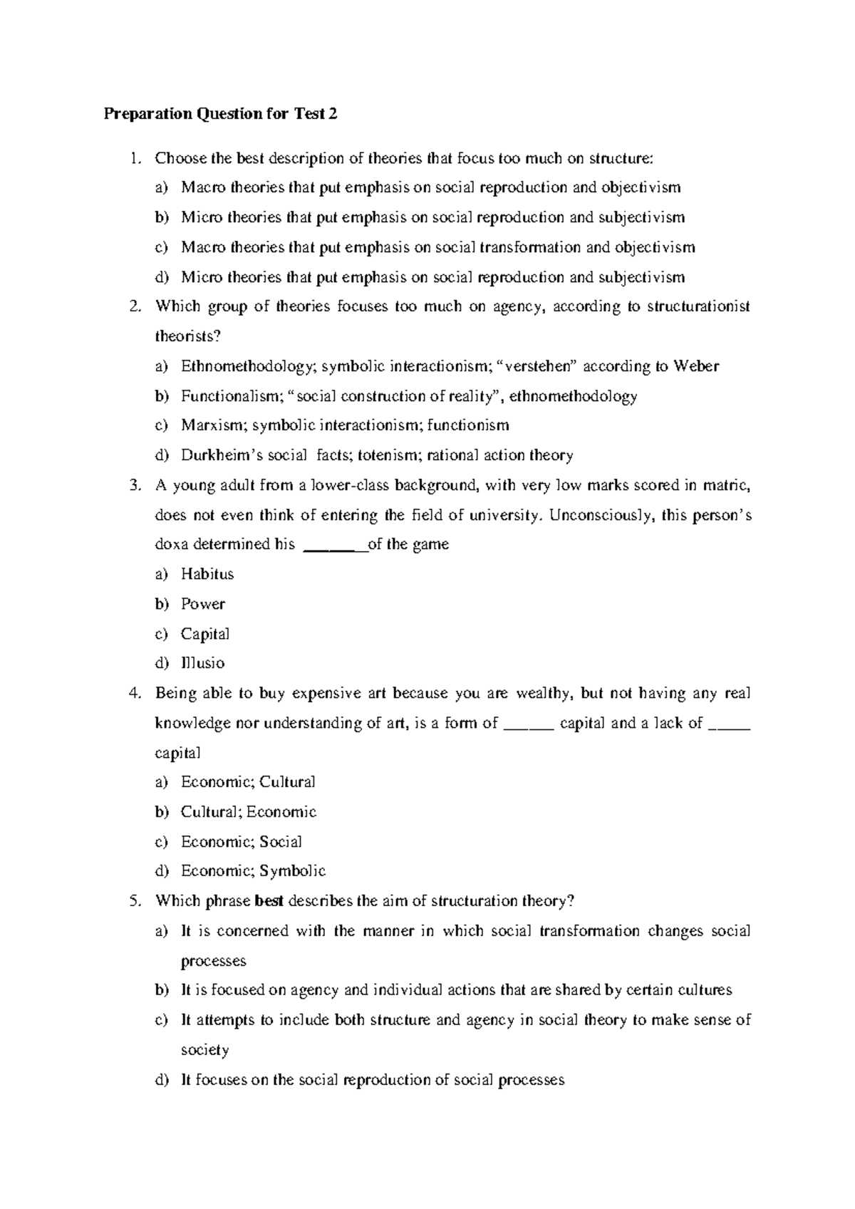 Test Preparation: Multiple Choice Questions for Test 2 - Studocu