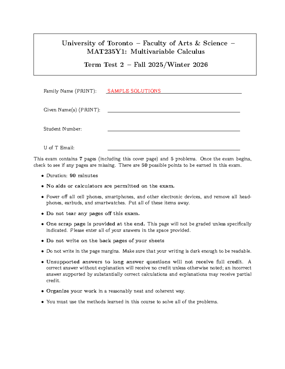 MAT235Y1: Multivariable Calculus Term Test 2 Solutions - Studocu