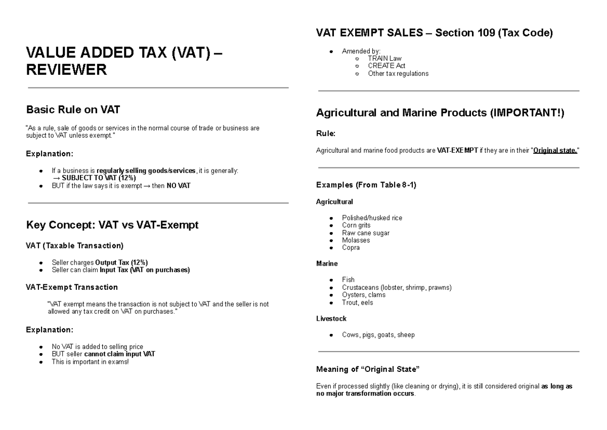VAT Notes Reviewer: Exempt Sales & Tax Code Section 109 - Studocu