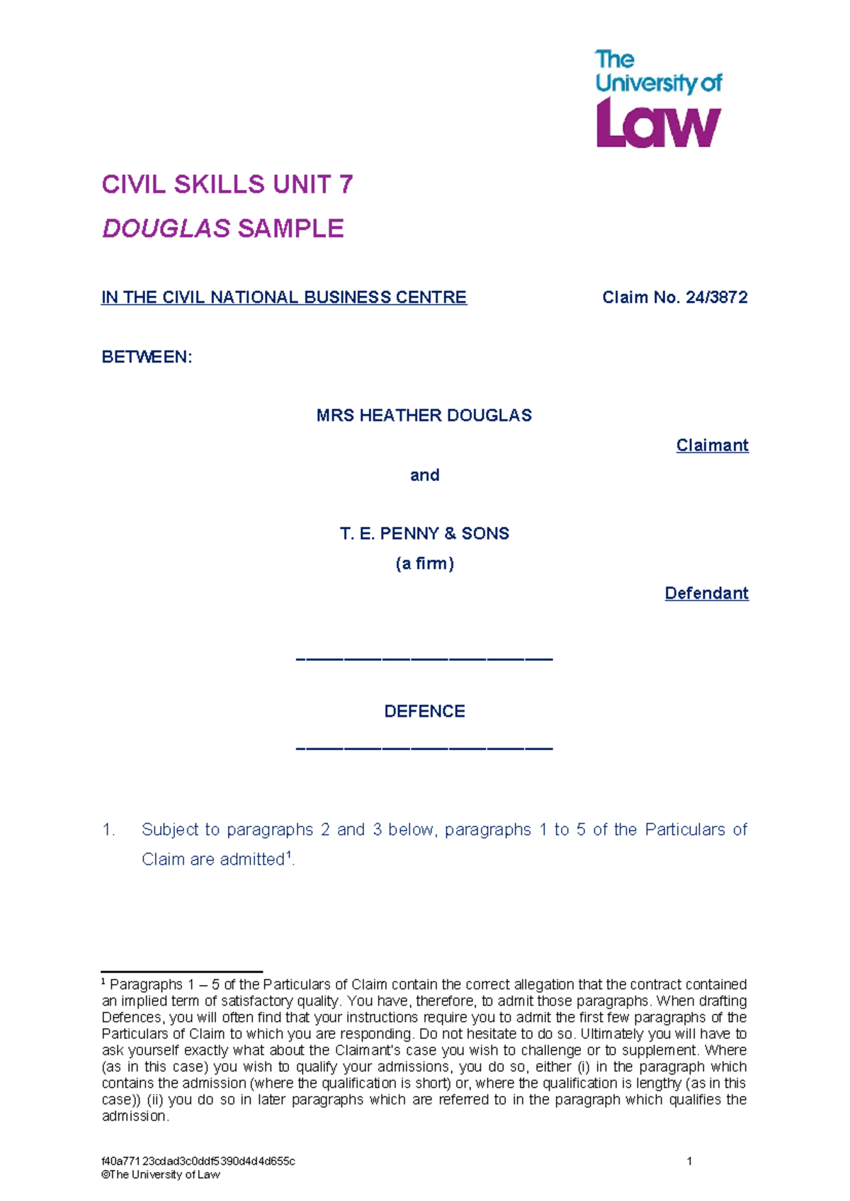 Douglas Sample Defence: Civil National Business Centre Case No. 24 ...
