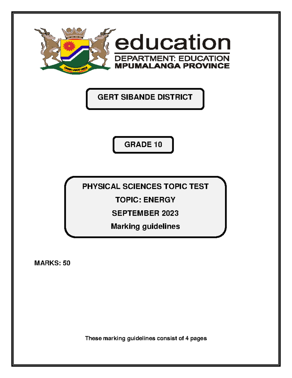 Grade 10 Physics Topic Test Memo on Energy - September 2023 - Studocu