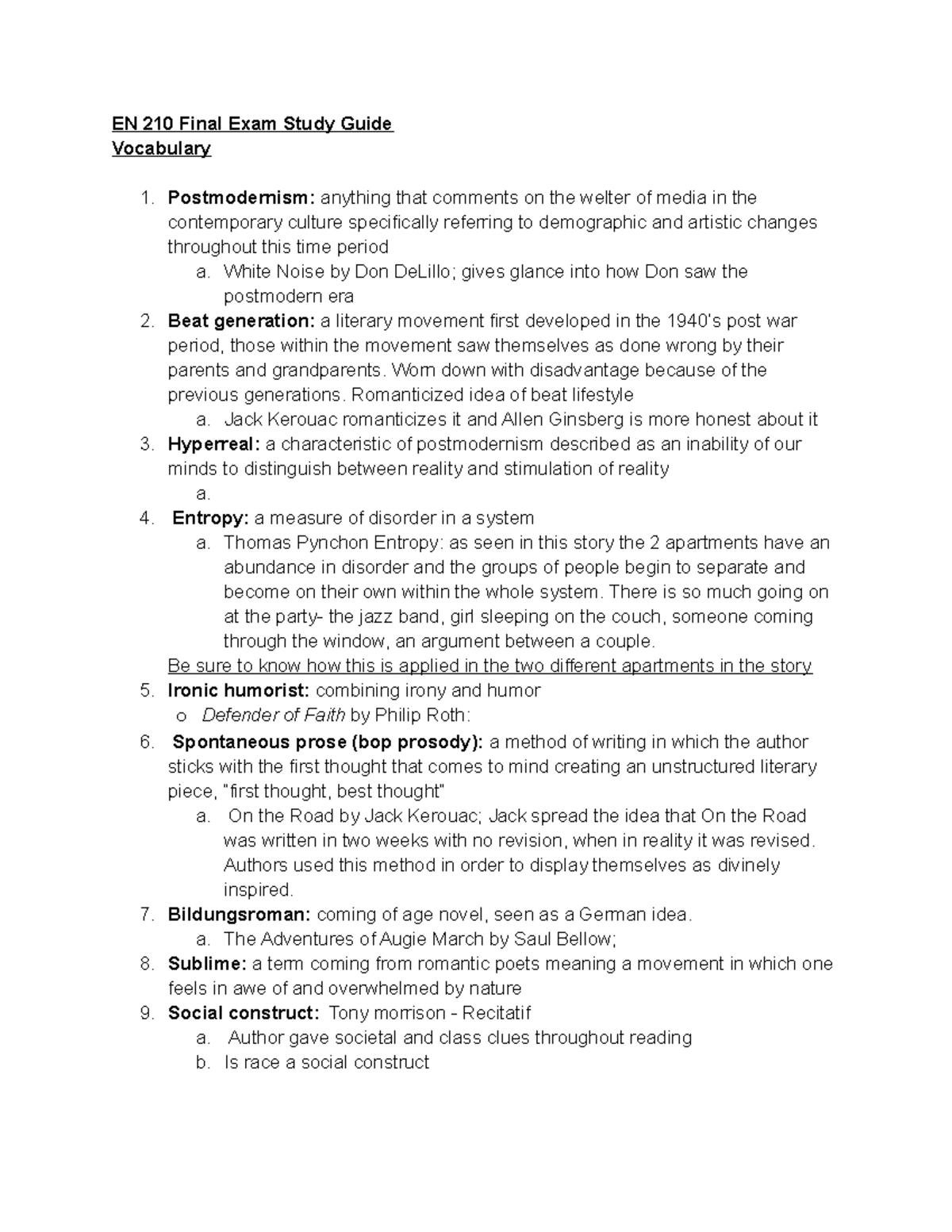 EN 210 Final Exam Study Guide - EN 210 Final Exam Study Guide ...