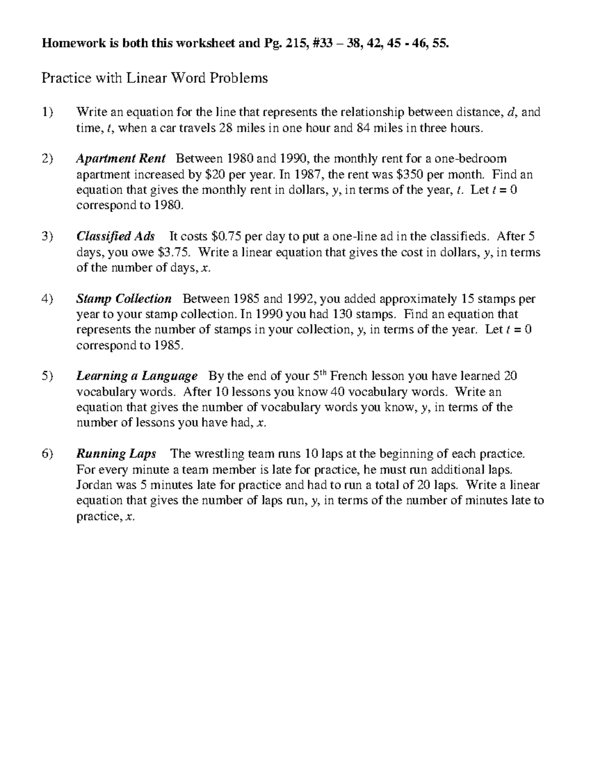 4.6 Linear Word Problems Worksheet - Homework is both this worksheet ...