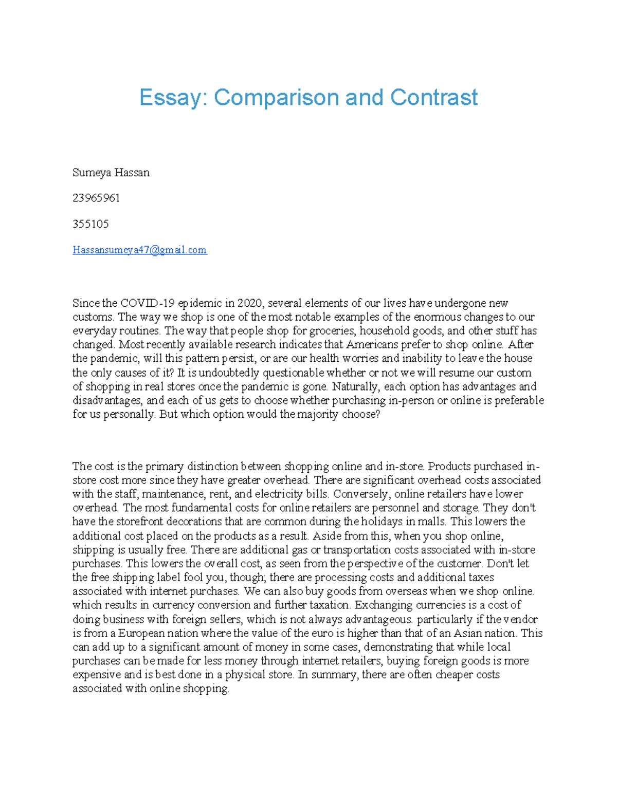 Essay Comparison and Contrast - Essay: Comparison and Contrast Sumeya ...