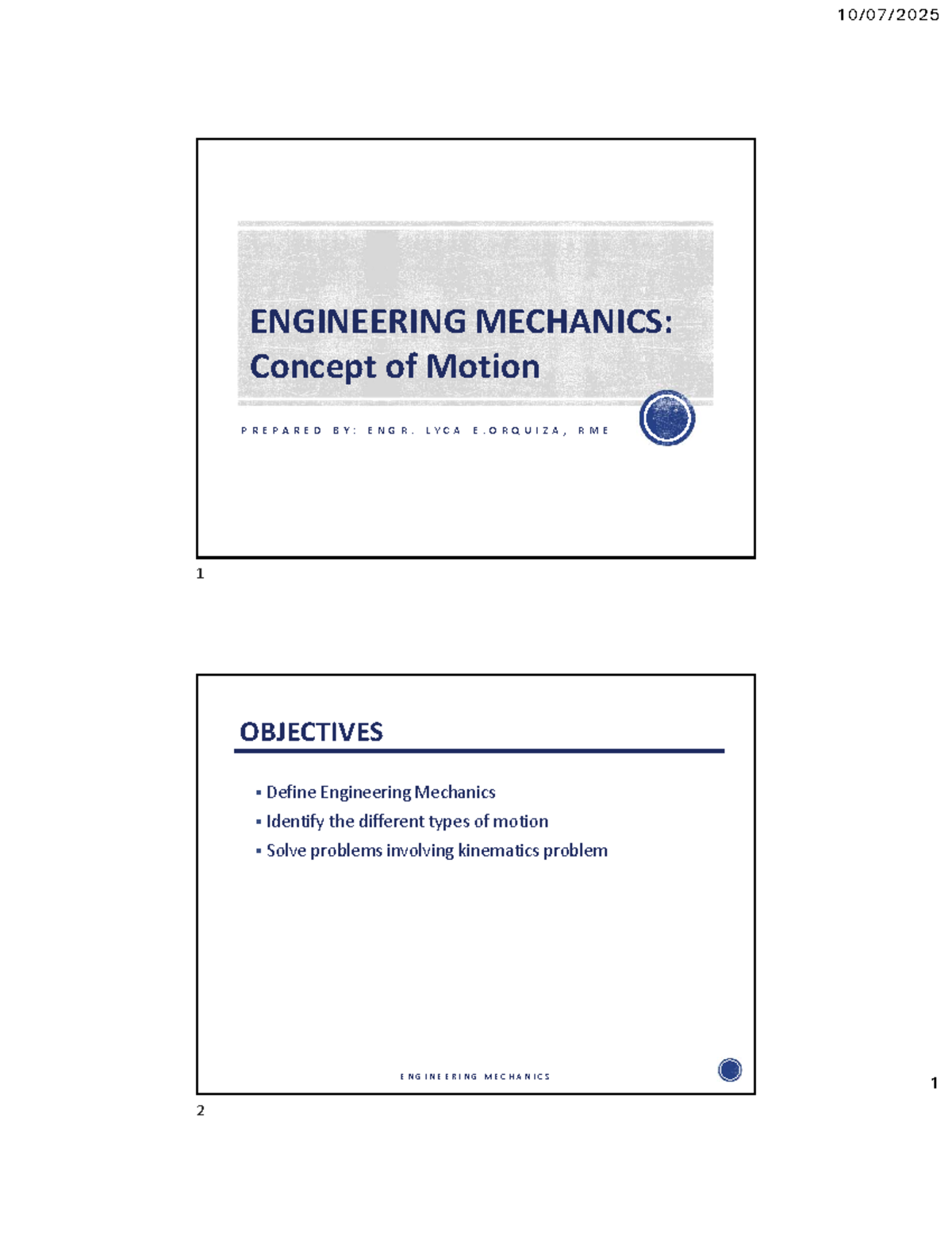 BES-058 LEC-1 Engineering Mechanics: Concept of Motion Notes - Studocu