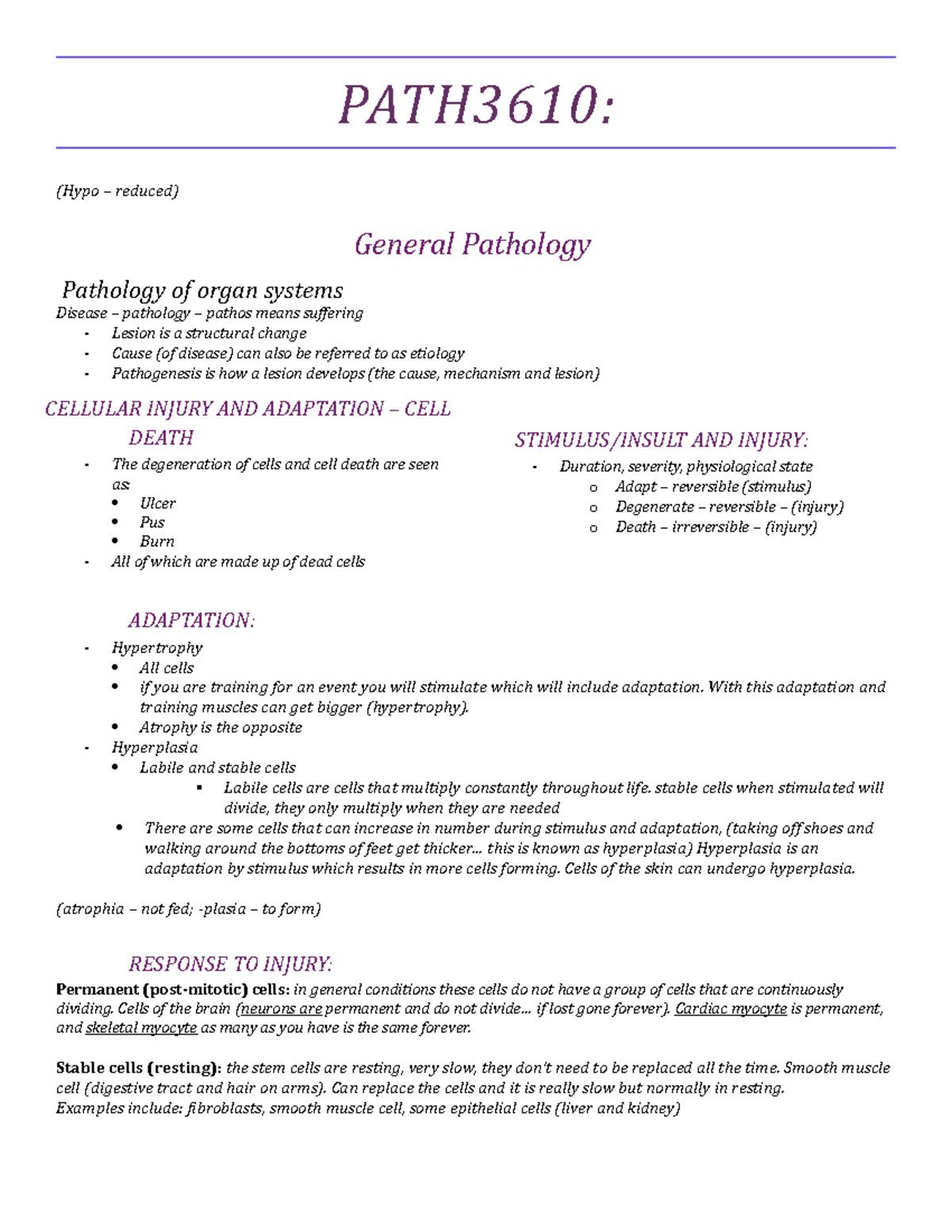 PATH3610 General Pathology Study Notes: Cellular Injury & Immune ...
