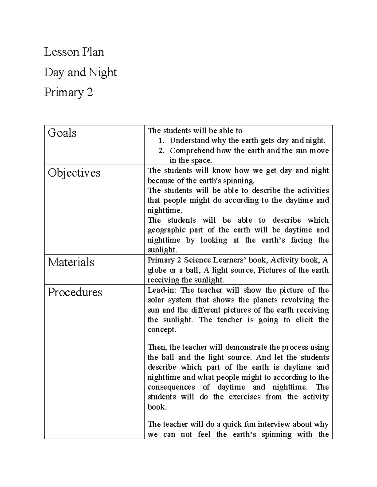 Lesson Plan for day and night - Lesson Plan Day and Night Primary 2 ...