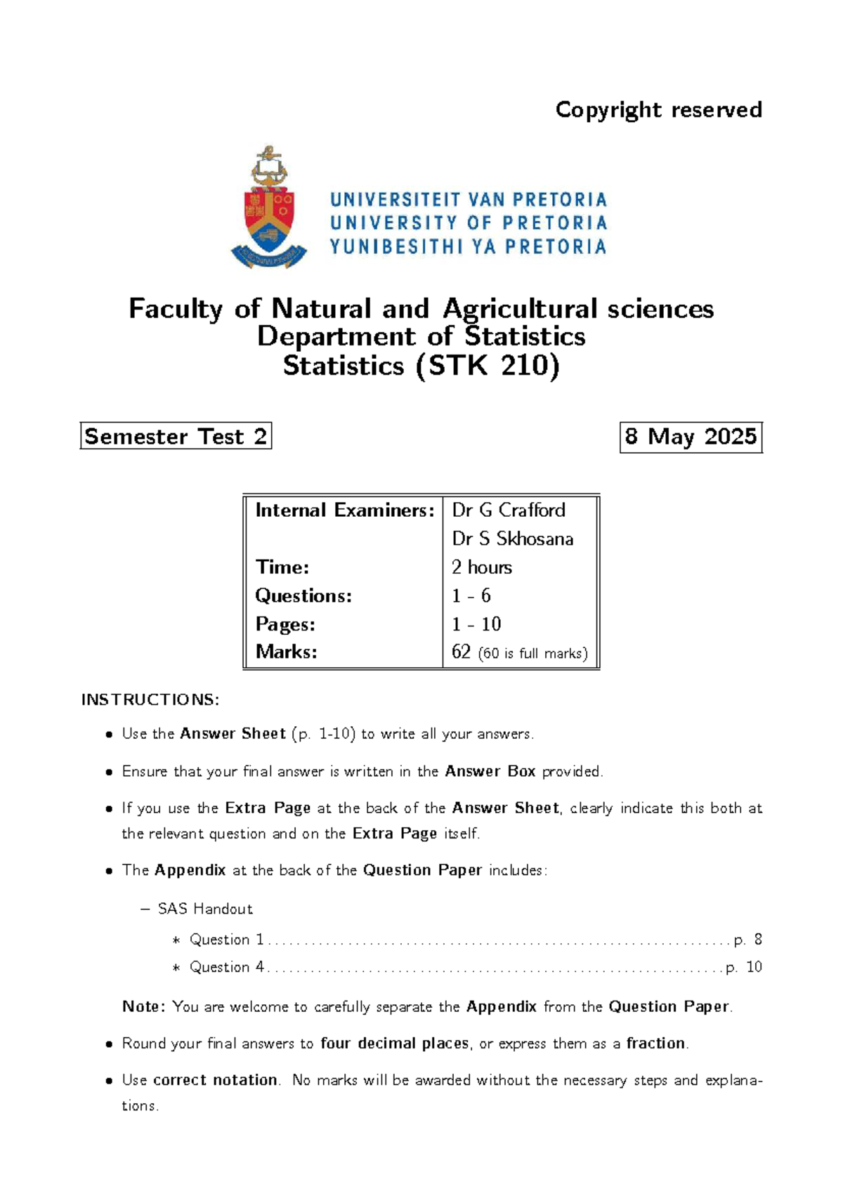 STK 210 Semester Test 2: Statistics Exam Questions & Instructions - Studocu