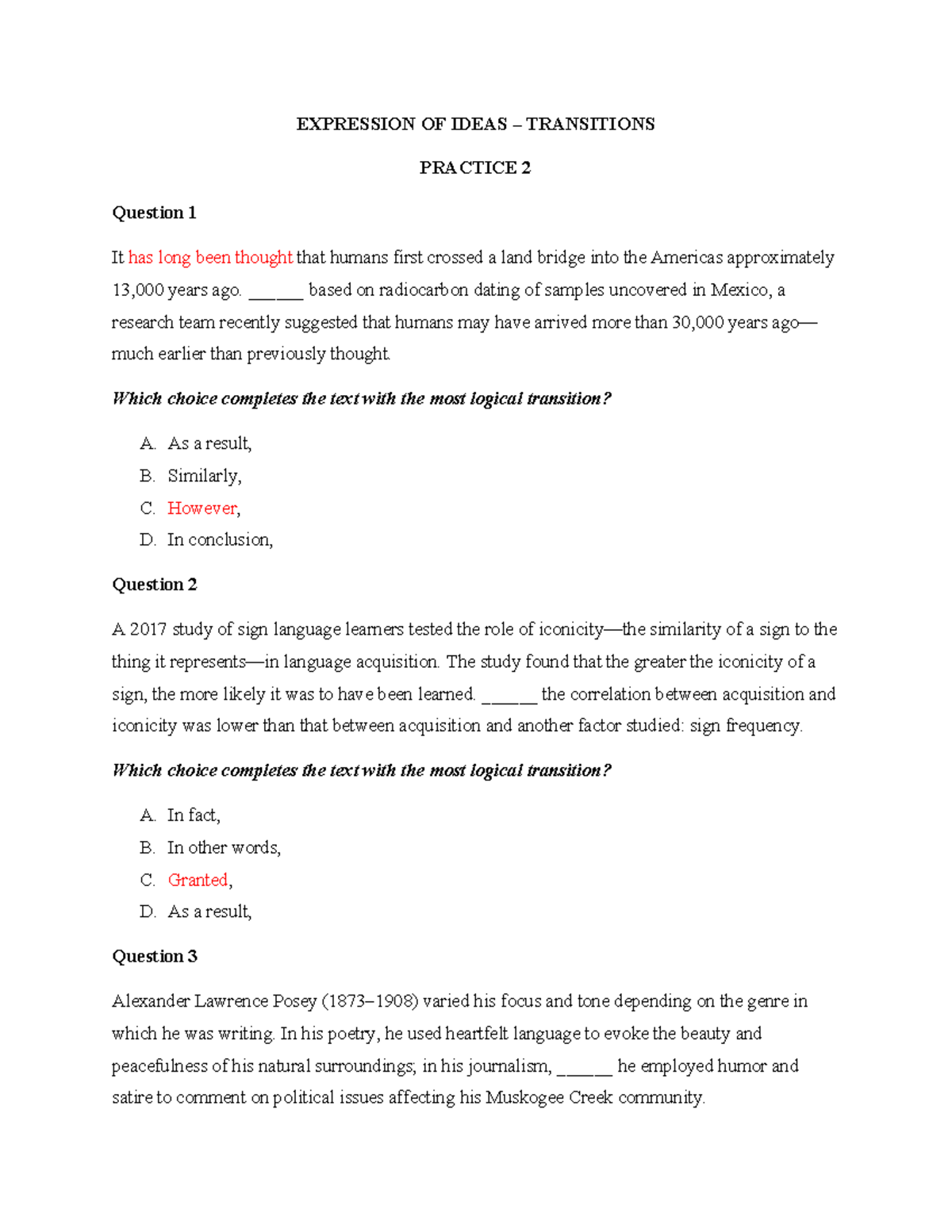 Transition 2 - SAT Practice Questions on Logical Transitions - Studocu