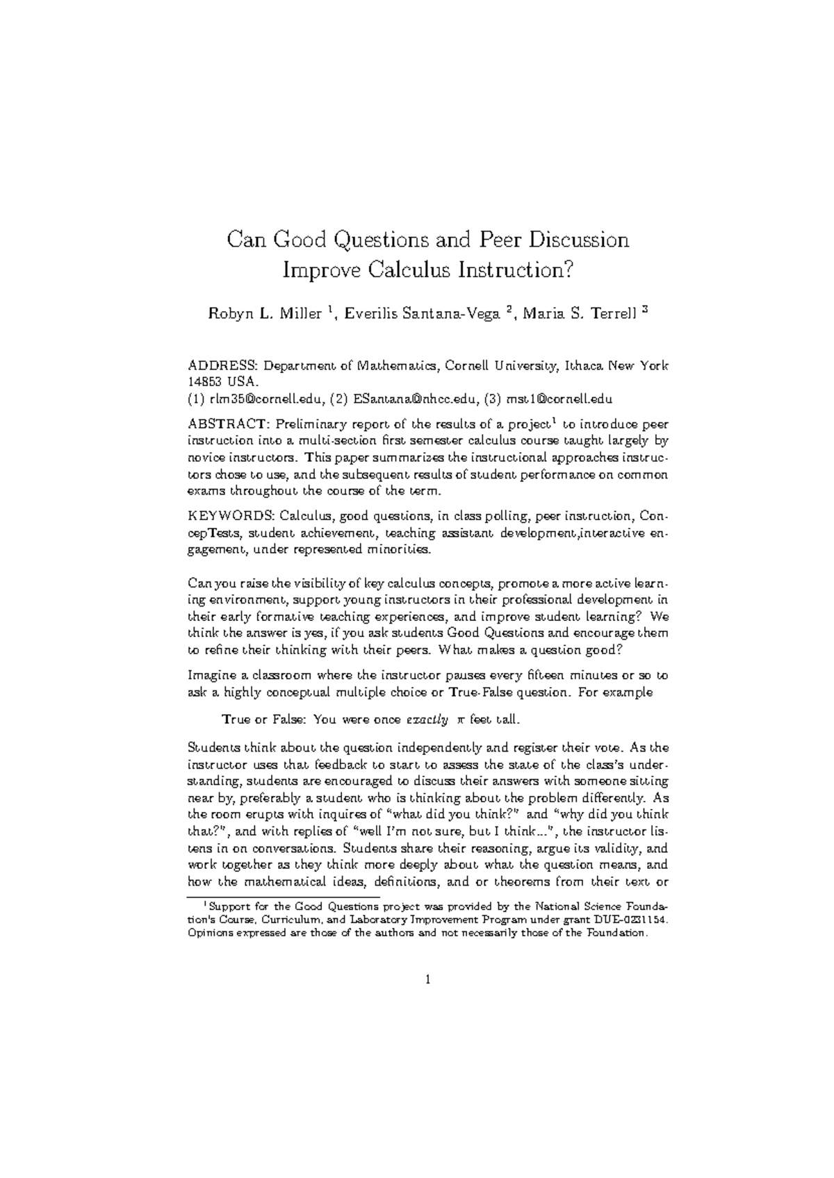 Improving Calculus Instruction through Good Questions and Peer ...