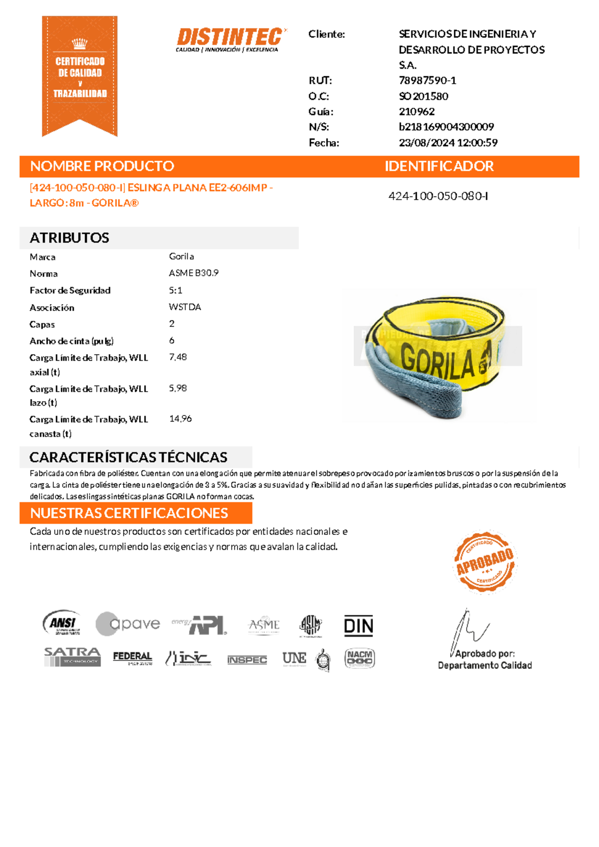 Certificado de Calidad 2024 - Eslingas y Grilletes Gorila - Document Preview