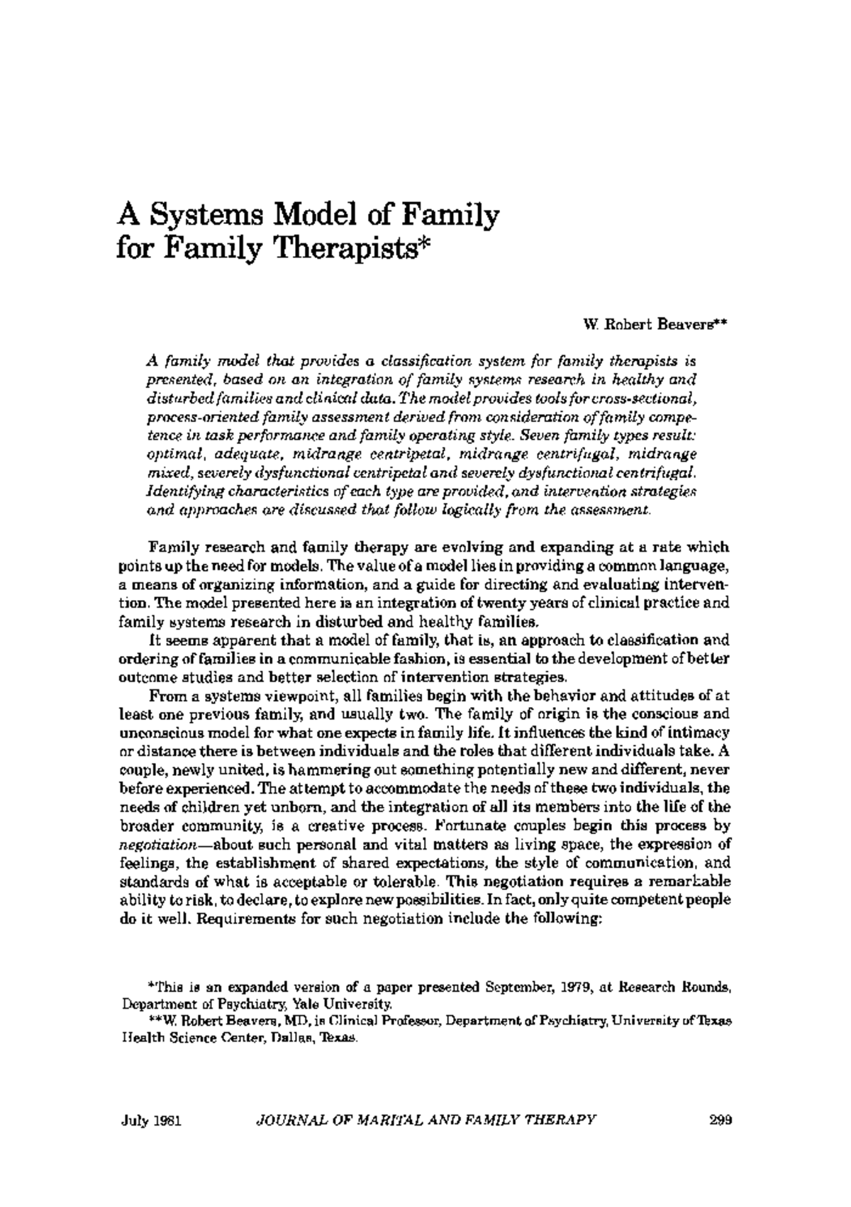 Beavers 1981 - A Systems Model of Family for Family Therapists* W ...