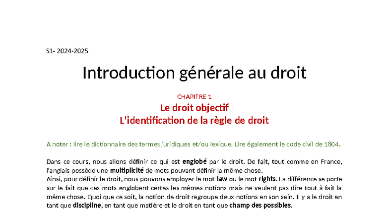 Introduction générale au droit - Chapitre 1 : Droit objectif et ses ...