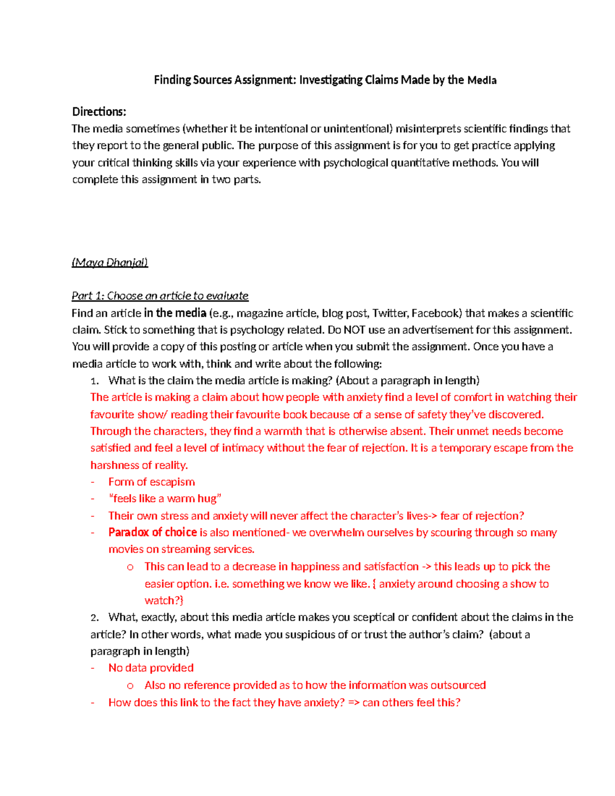 Finding Sources Assignment: Evaluating Media Claims in Psychology - Studocu