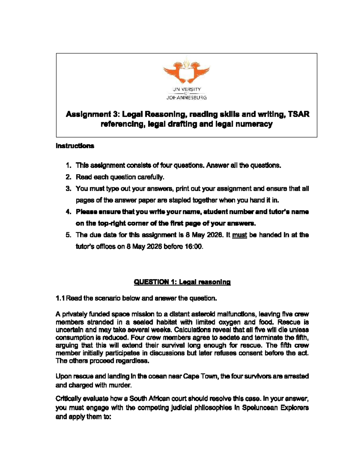 UJ Assignment 3: Legal Reasoning and Writing Skills - Studocu
