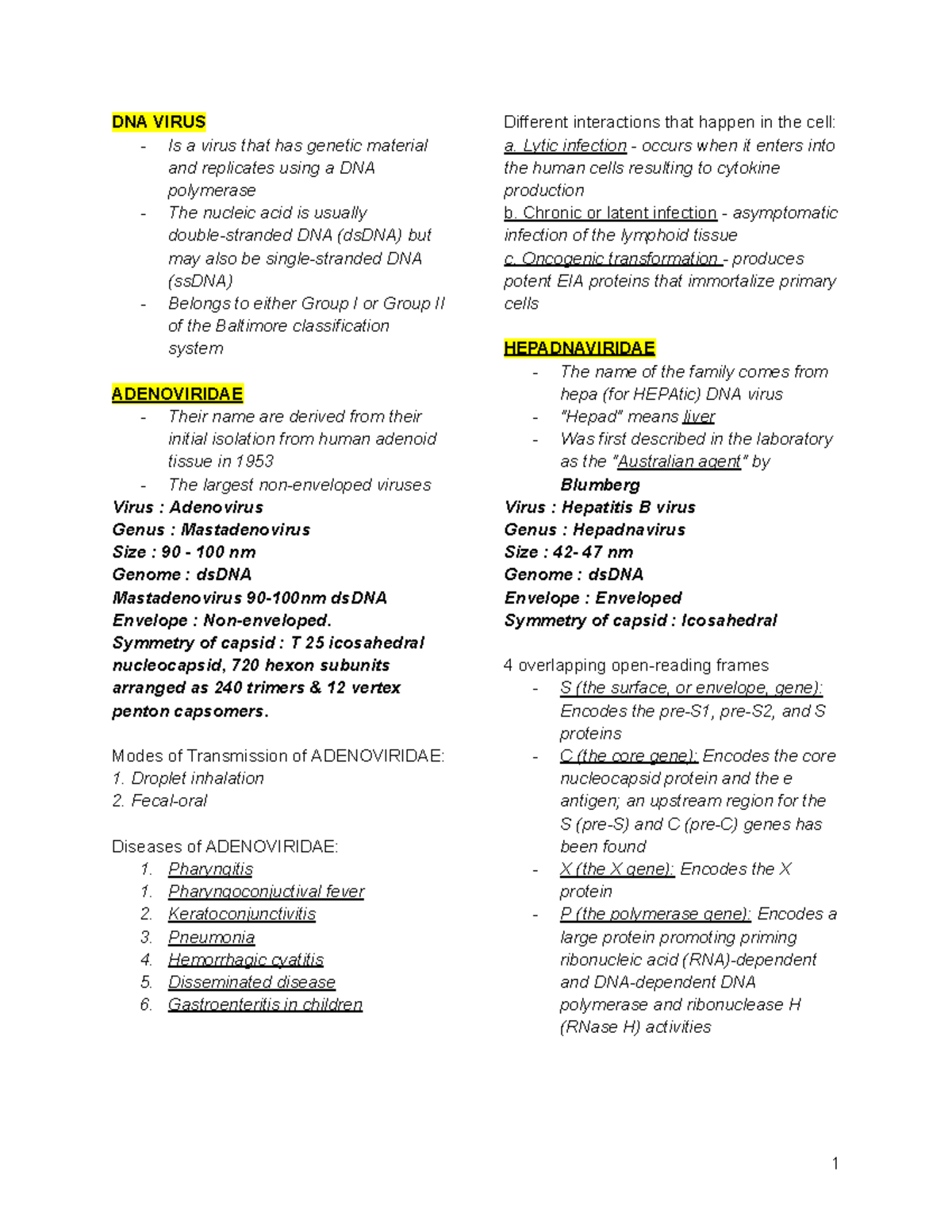 Virology Sem 2: DNA viruses and their characteristics - Studocu