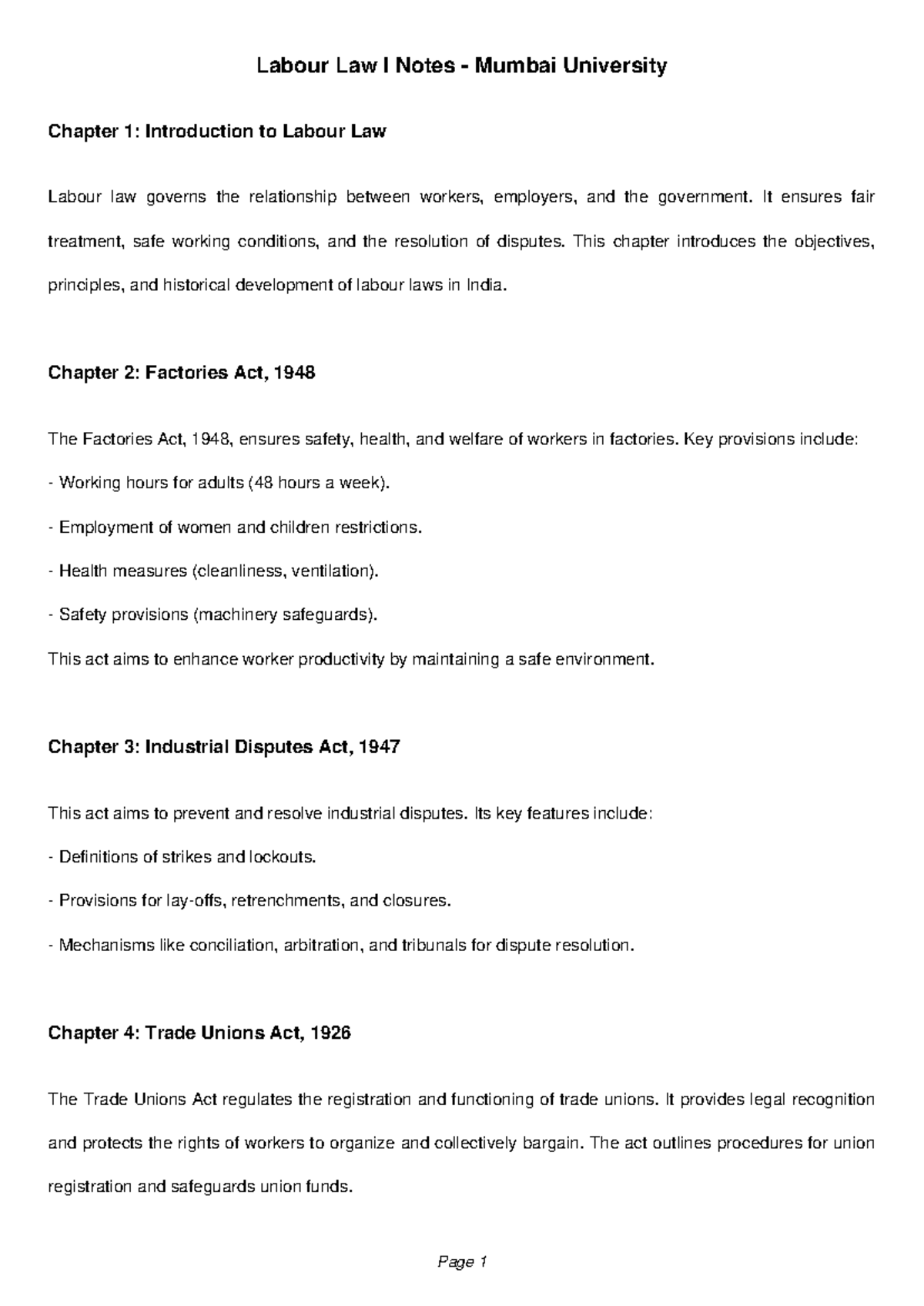 Labour Law I Notes - It ensures fair treatment, safe working conditions ...