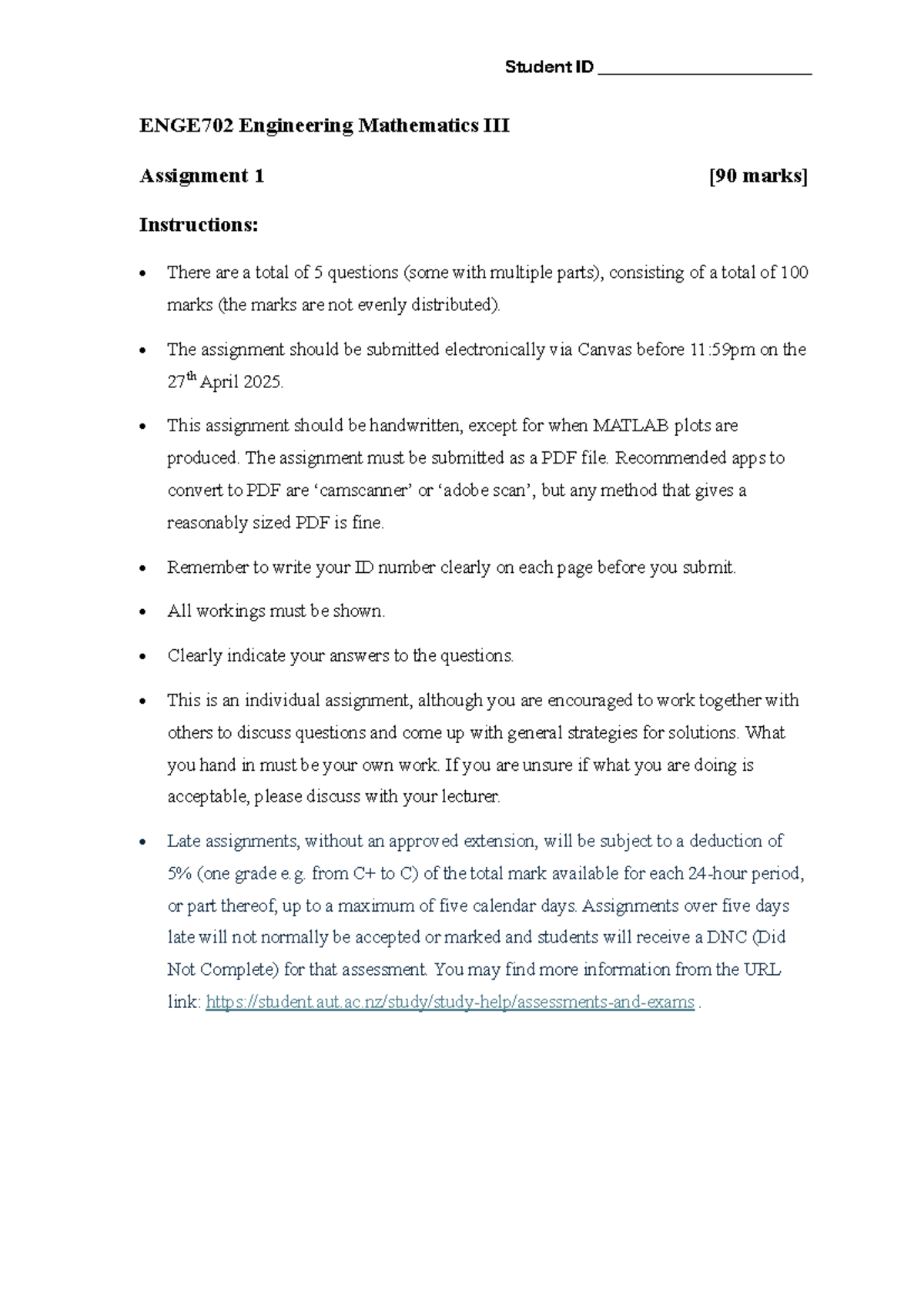 ENGE702 Engineering Mathematics Assignment 1 Instructions and Details ...