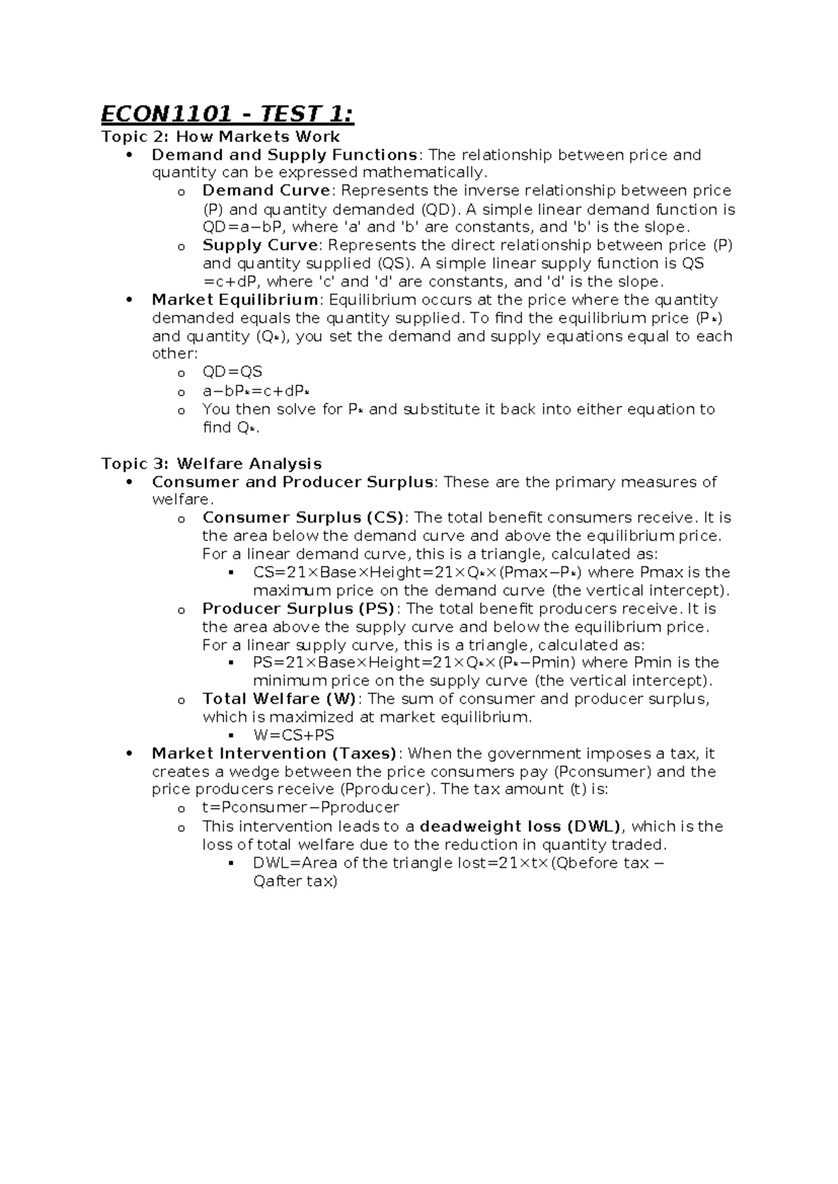 ECON1101 TEST 1: Markets, Demand & Supply Functions Overview - Studocu