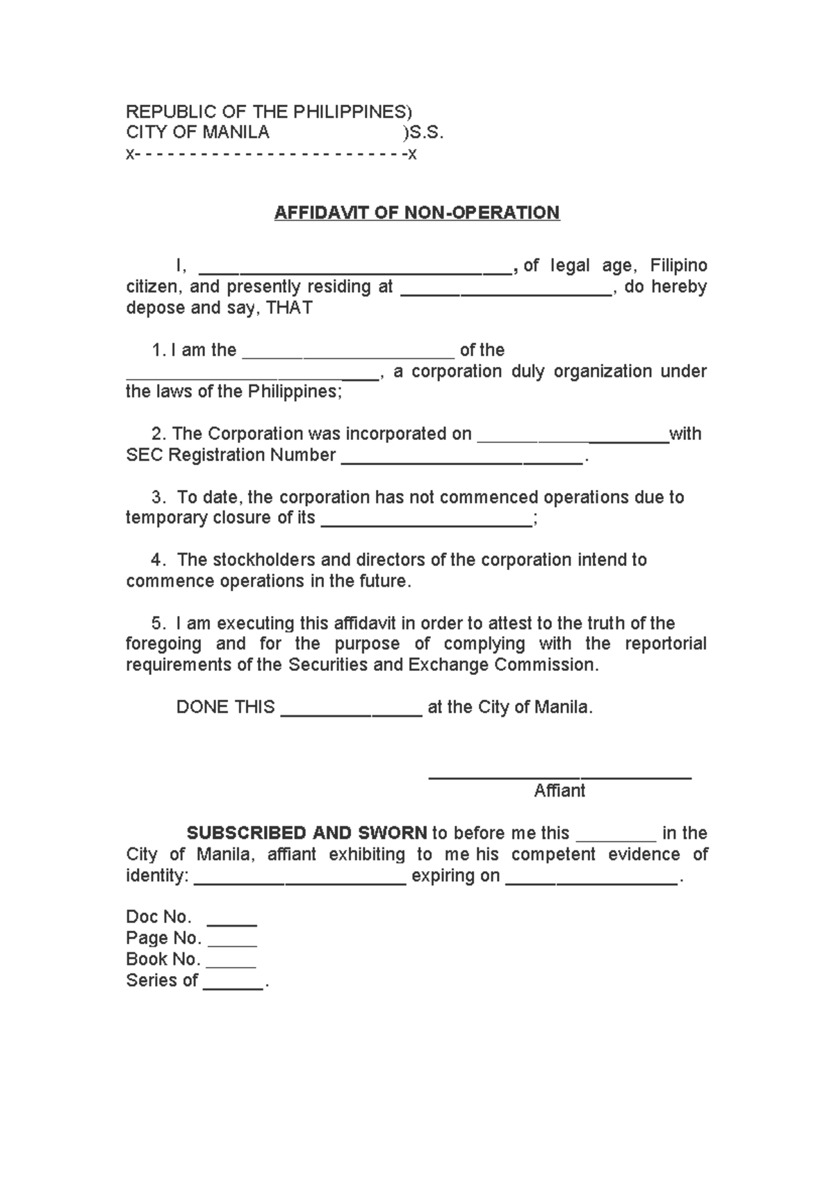 Affidavit of Non-Operation Template for Corporate Reporting - Studocu