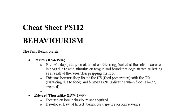 Cheat Sheet PS112: Behaviourism & Cognitive Revolution Overview - Studocu