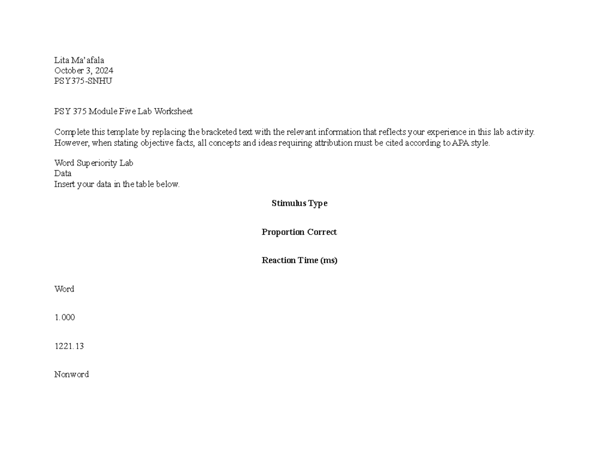 PSY 375 Module Five Lab Worksheet - Lita Ma’afala October 3, 2024 ...