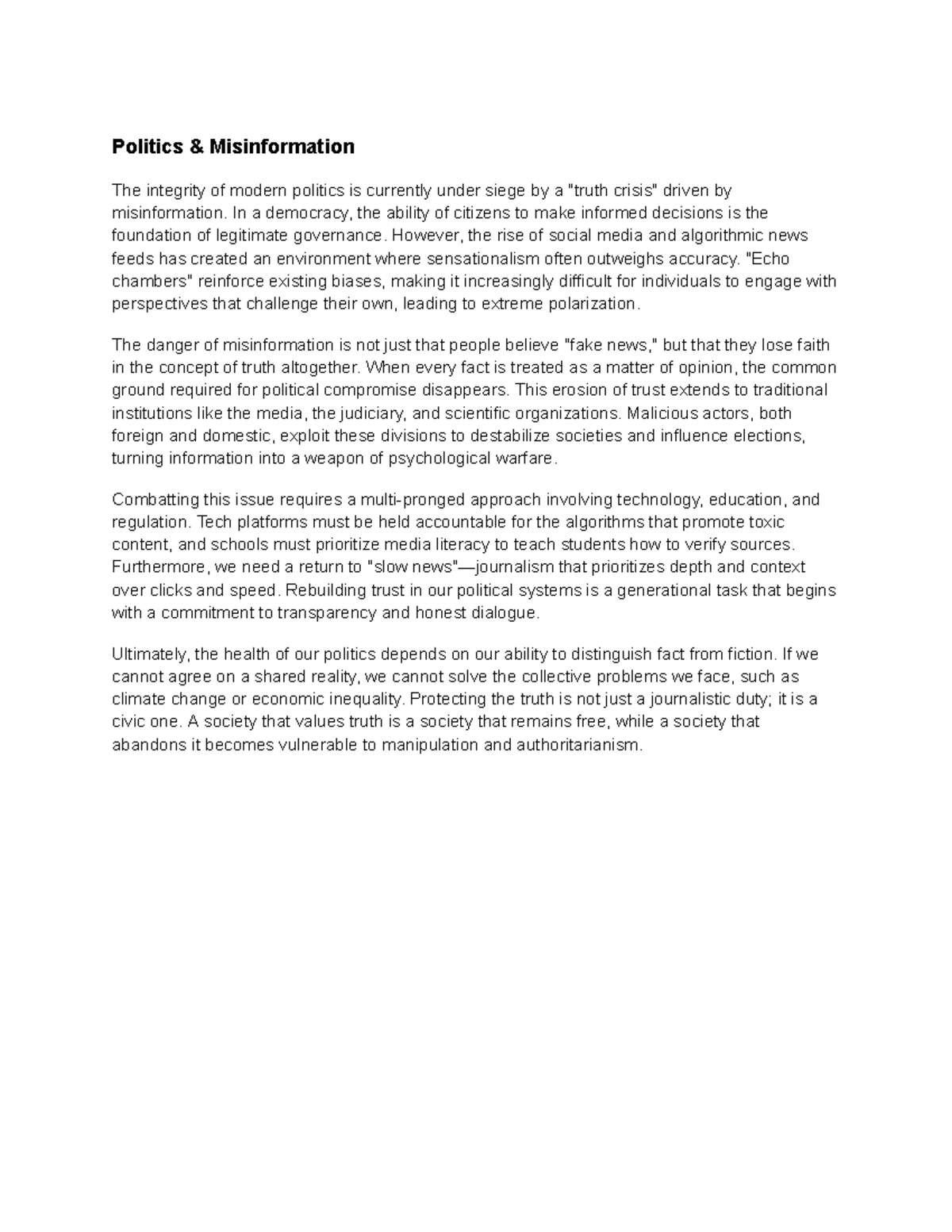 Politics & Misinformation: The Threat to Democratic Integrity - Studocu