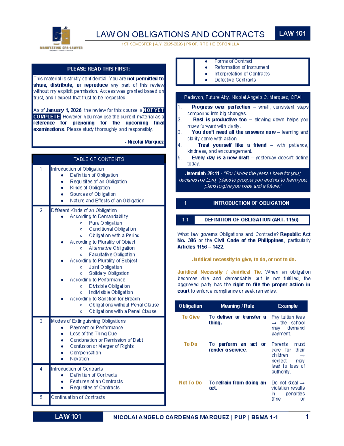 LAW 101: Final Exam Review on Obligations and Contracts - Studocu