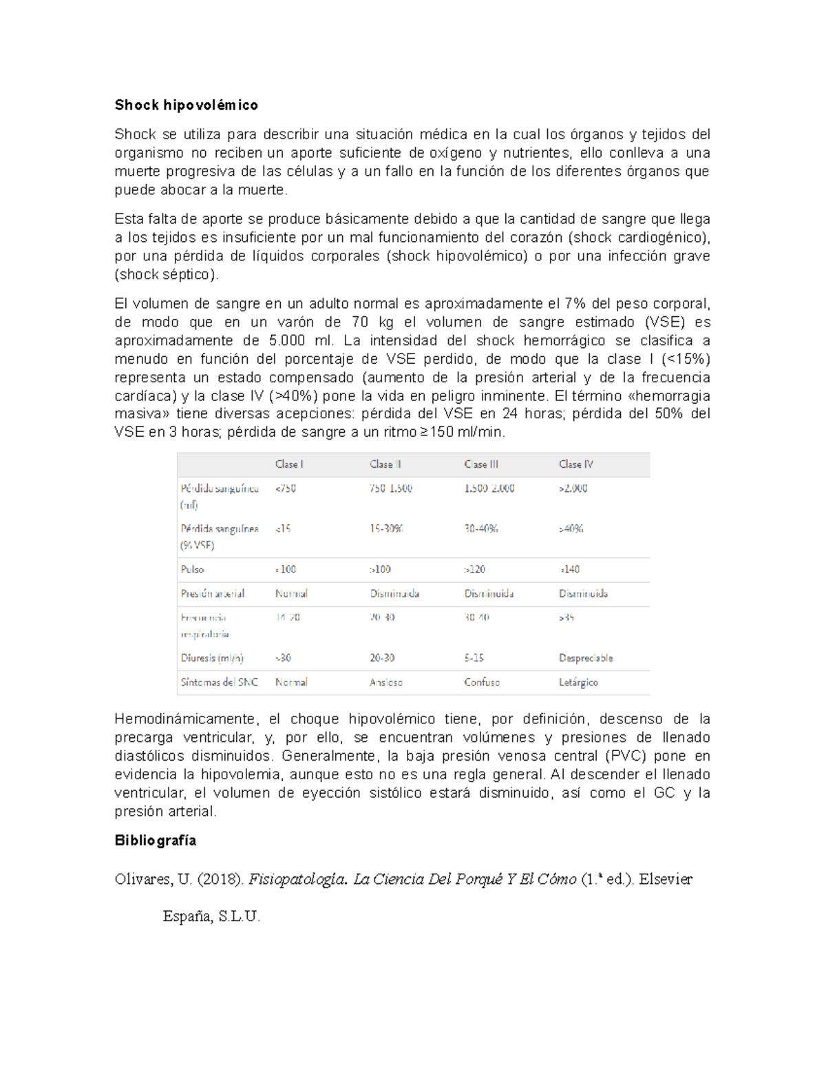 Notas sobre Shock Hipovolémico: Causas, Efectos y Clasificación - Studocu