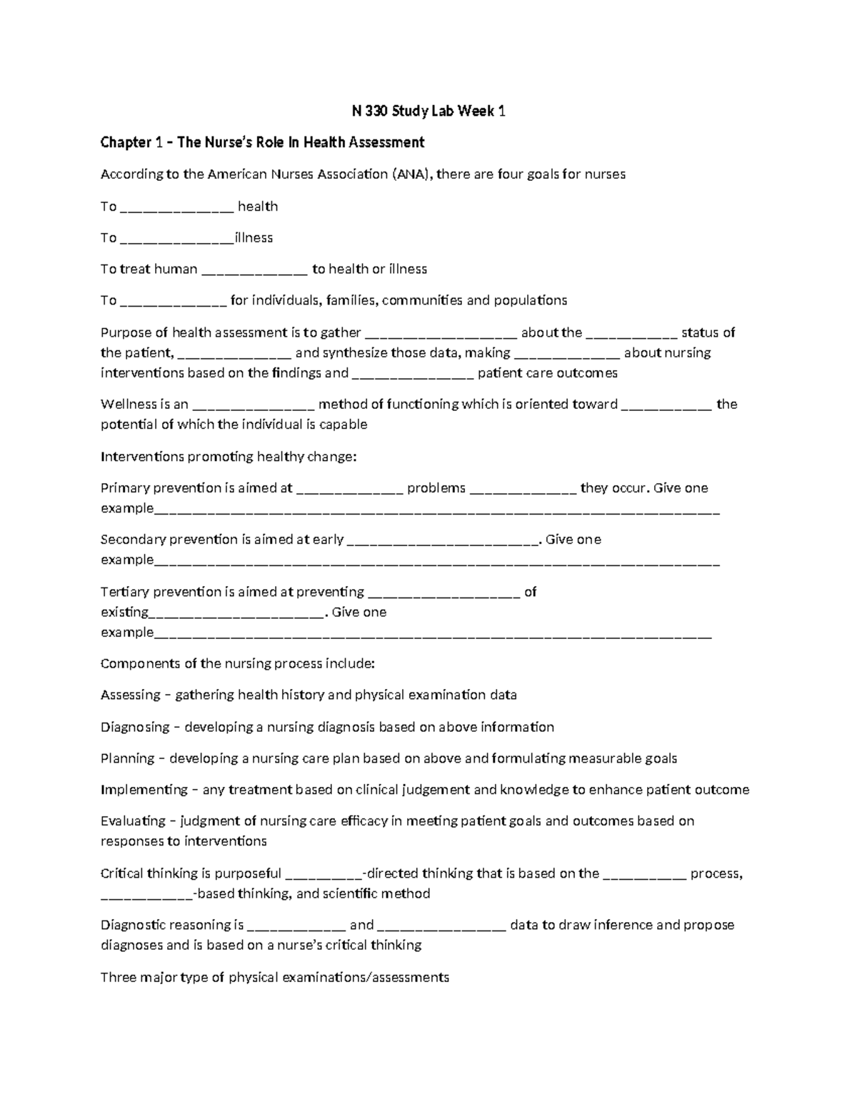 N 330 Week 1 Study Lab - Practice Questions to help understand material ...