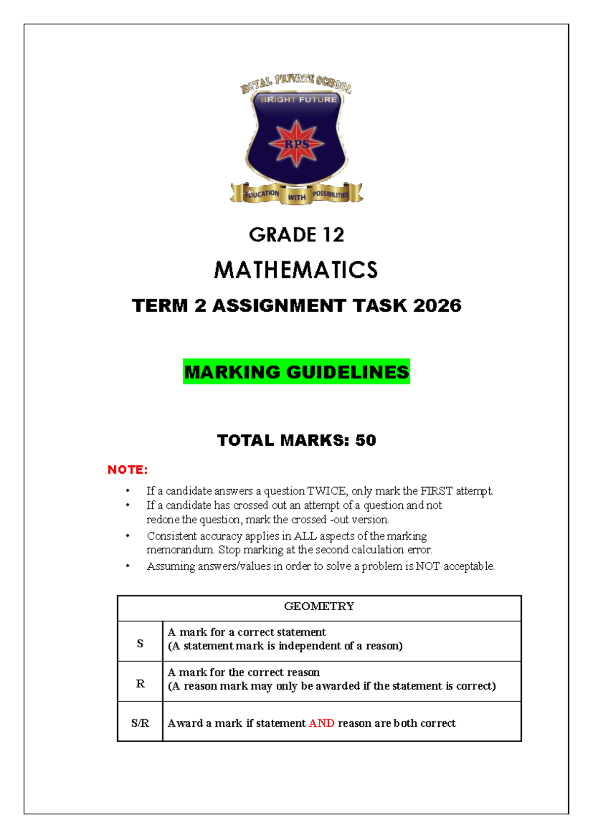 GRADE 12 MATHEMATICS TERM 2 ASSIGNMENT 2026 MARKING GUIDELINES - Studocu