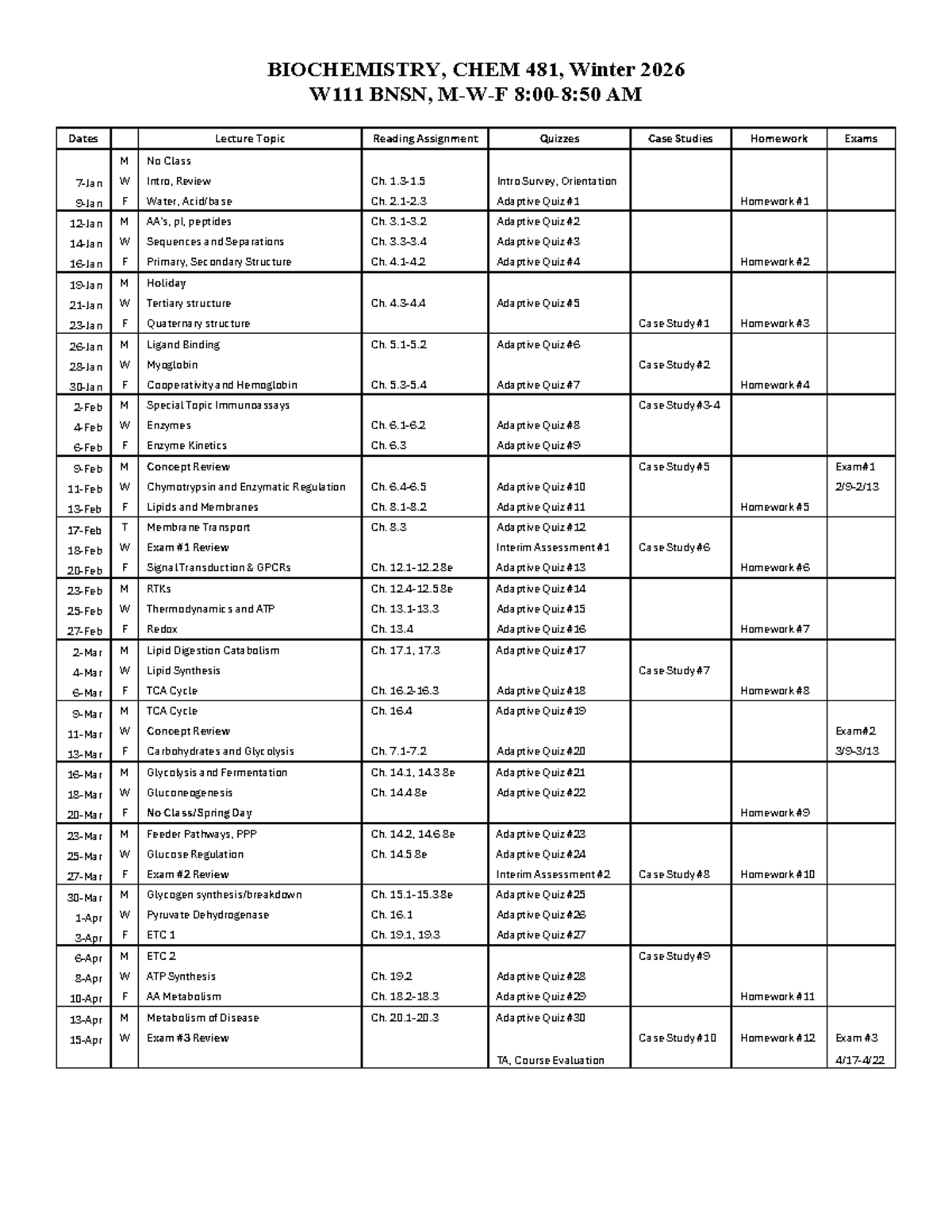 CHEM 481 Syllabus: Biochemistry Course Overview Winter 2026 - Studocu