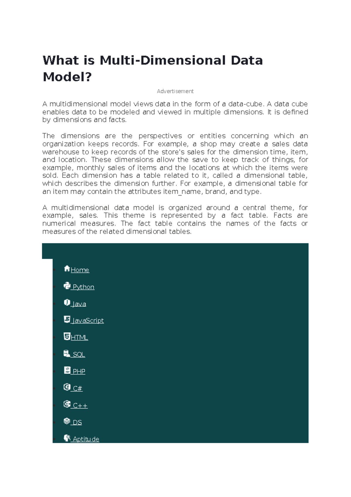 Data Mining - Notes on Multidimensional Data Models and Cubes - Studocu
