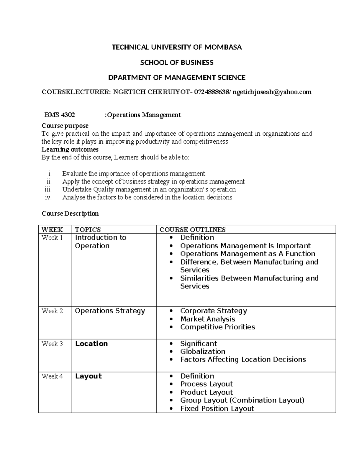 Operation Management course outline-2024 - TECHNICAL UNIVERSITY OF ...