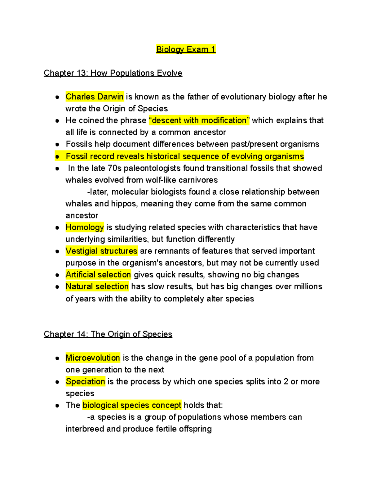 Biology Exam 1 - Lecture Notes on Evolutionary Concepts and Species ...