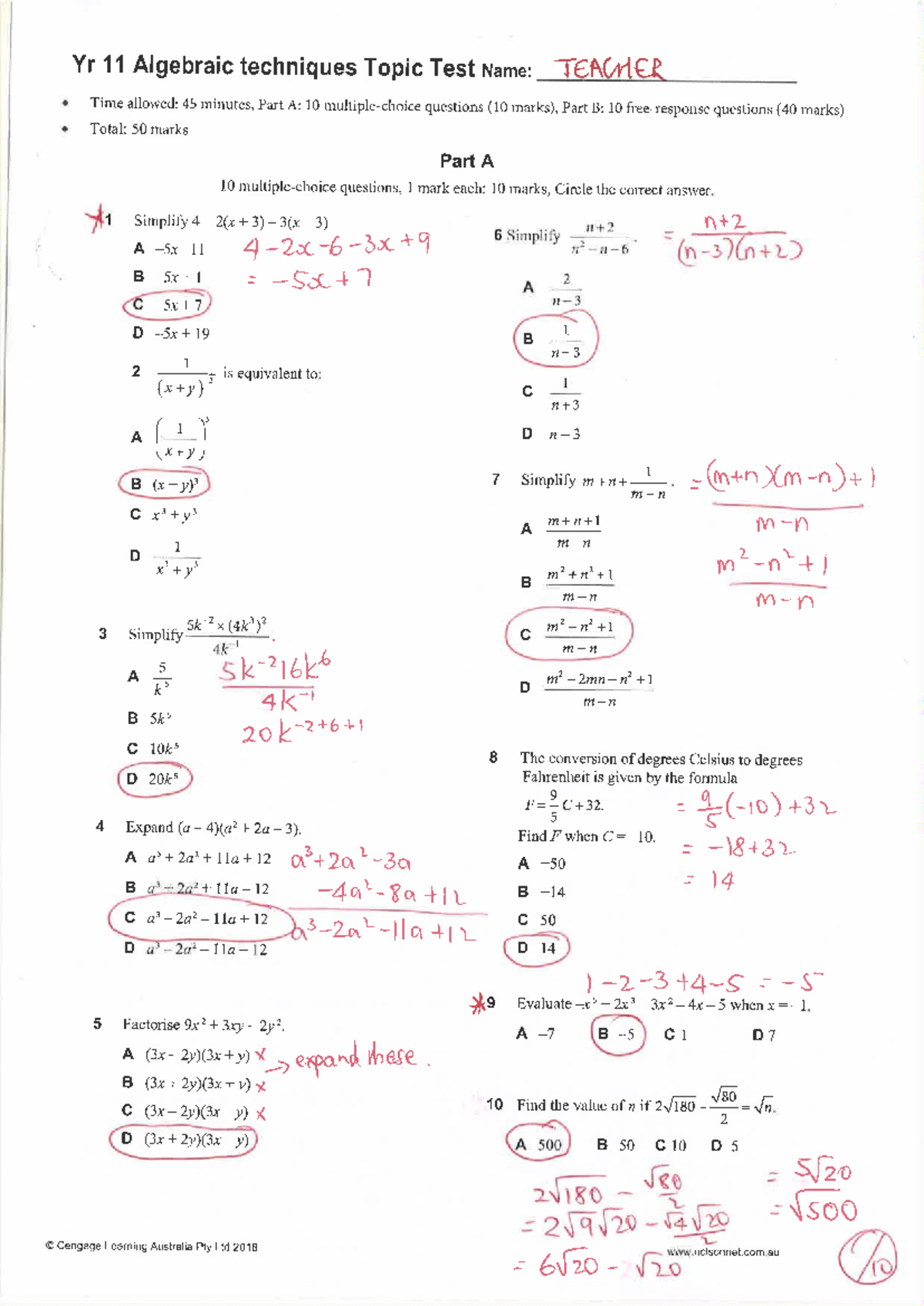 11 Adv Maths Ch1 Algebra Tech topic test - edited solutions - Yr 11 ...