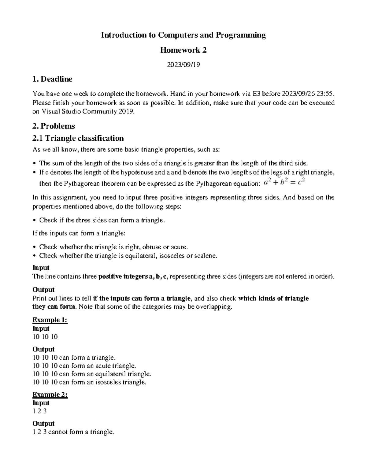 CS101 - Homework 2: Triangle Classification Assignment - Studocu