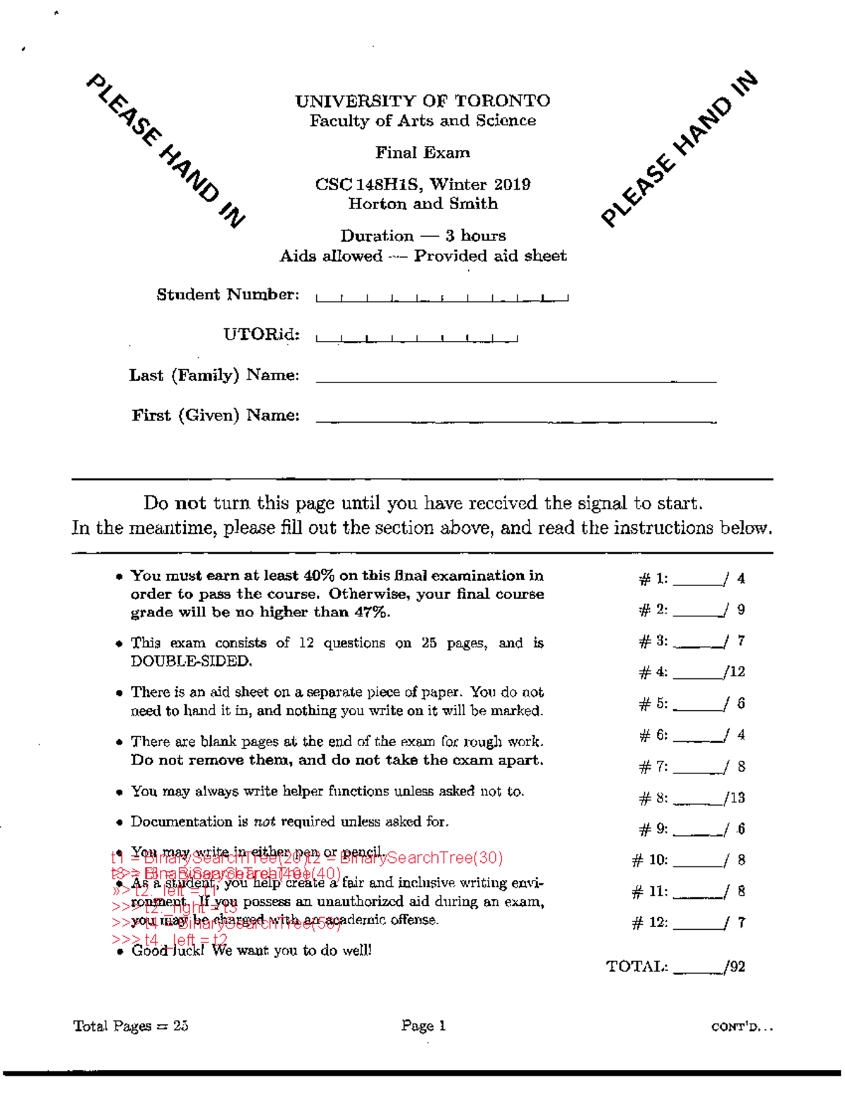 CSC148H1S Final Exam Solutions - Winter 2019 - Studocu