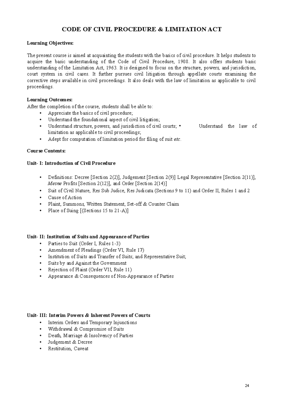 CPC & Limitation Act Syllabus ILC: Course Overview & Objectives - Studocu