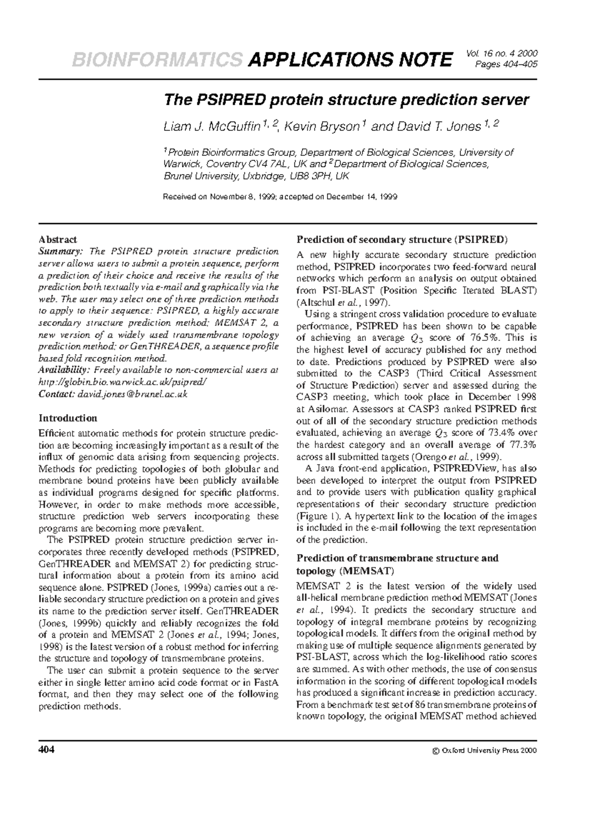 PSIPRED Protein Structure Prediction Server Overview - Studocu