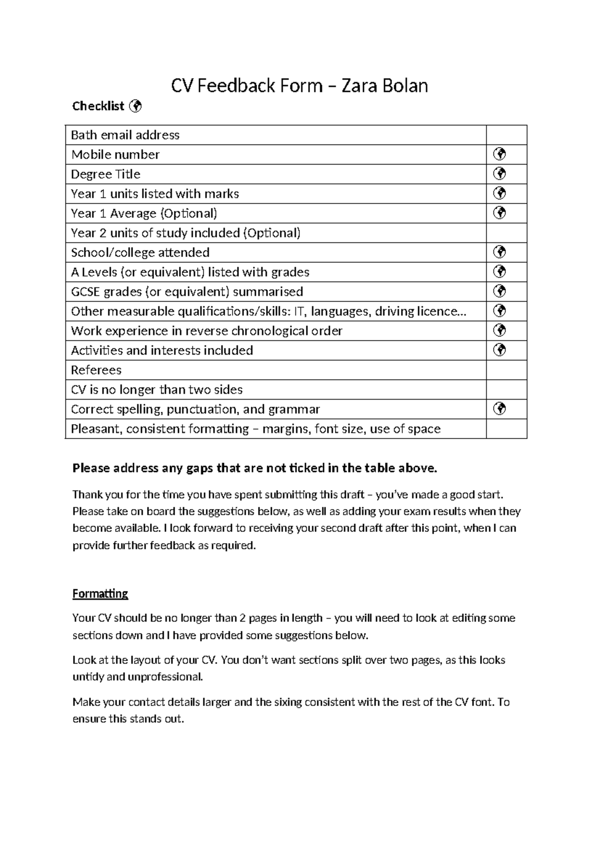 CV Feedback Form – Draft Review and Suggestions for Improvement - CV ...