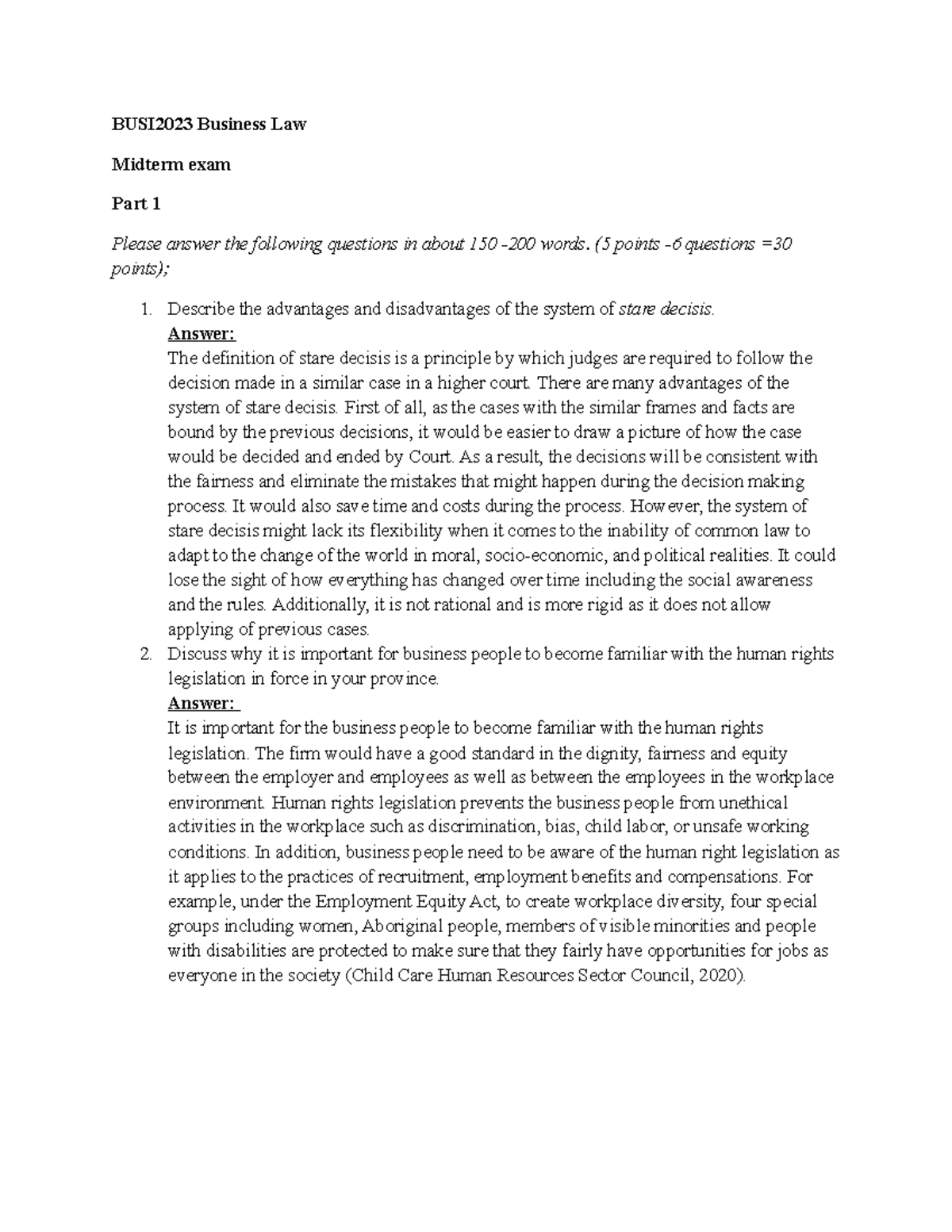 BUSI2023 Business Law - Midterm Part 1 - BUSI2023 Business Law Midterm ...