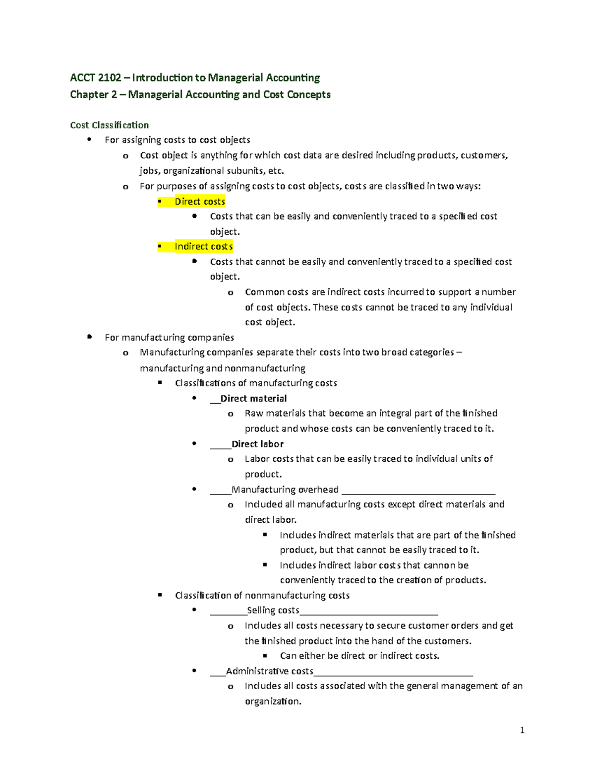 ACCT 2102 Chapter 2 Managerial Accounting & Cost Concepts Notes - Studocu