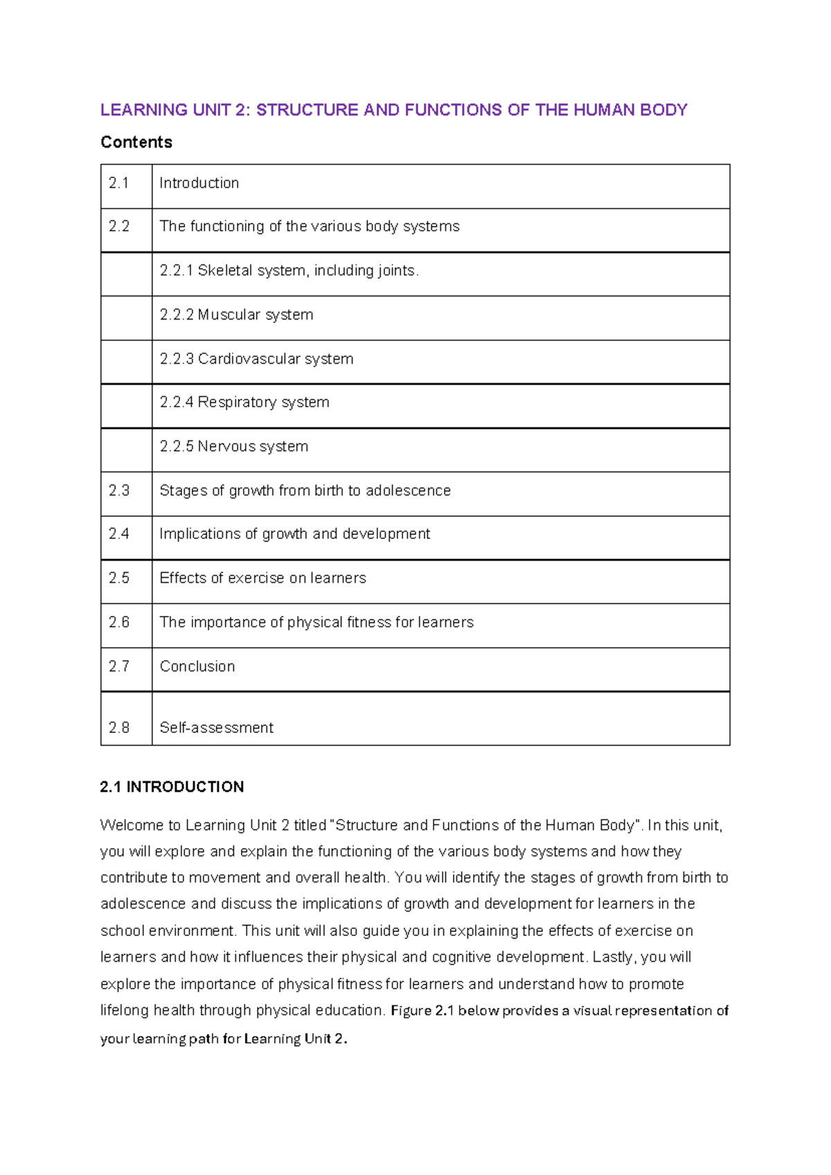 Learning Unit 2: Structure & Functions of the Human Body Notes - Studocu
