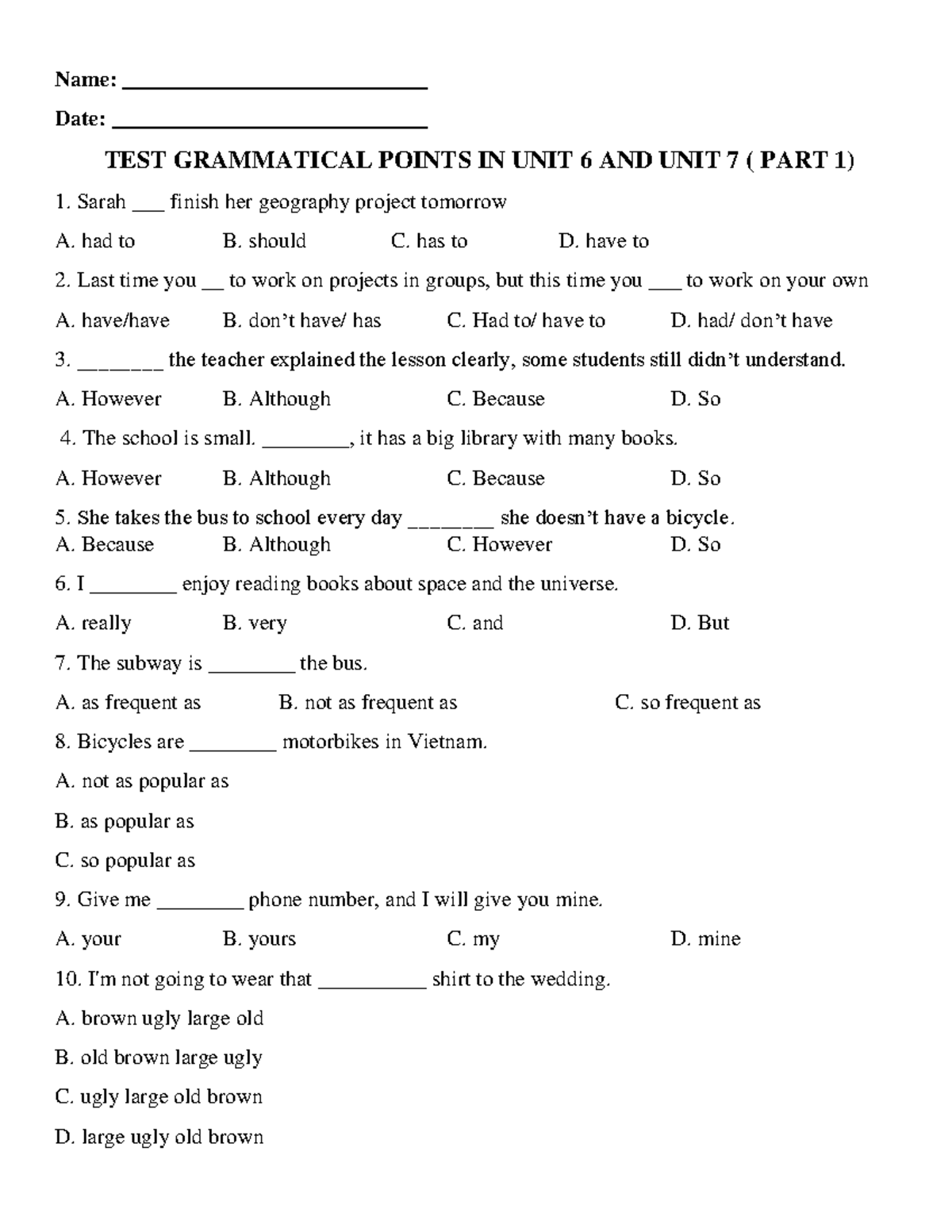 English 2026: Test on Grammatical Points in Units 6 & 7 (Part 1) - Studocu