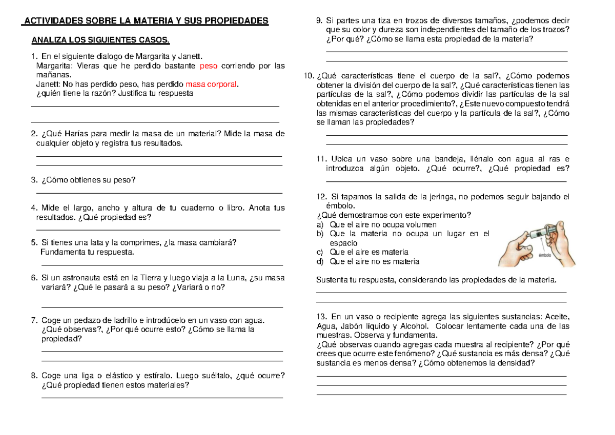 Practica Propiedades DE LA Materia - ACTIVIDADES SOBRE LA MATERIA Y SUS