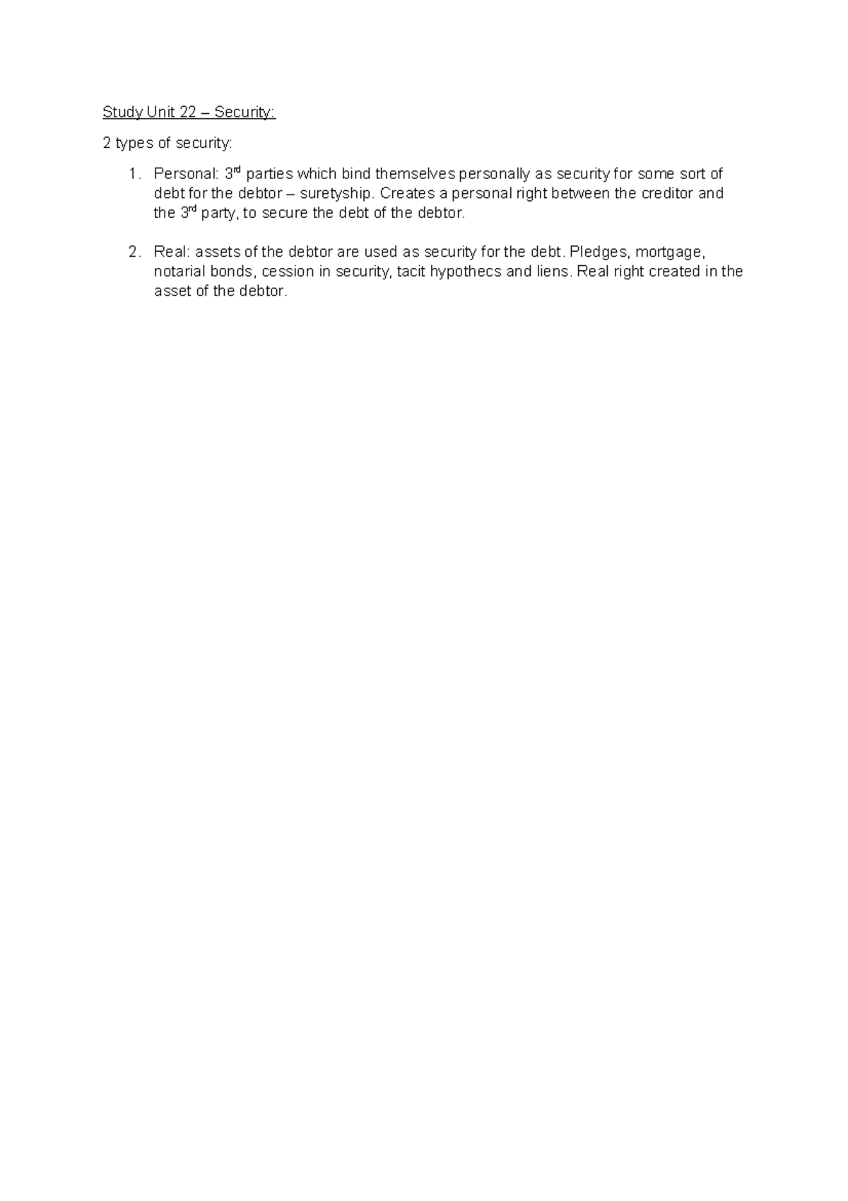 22 - Security - Lecture Notes on Suretyship and Real Rights - Studocu