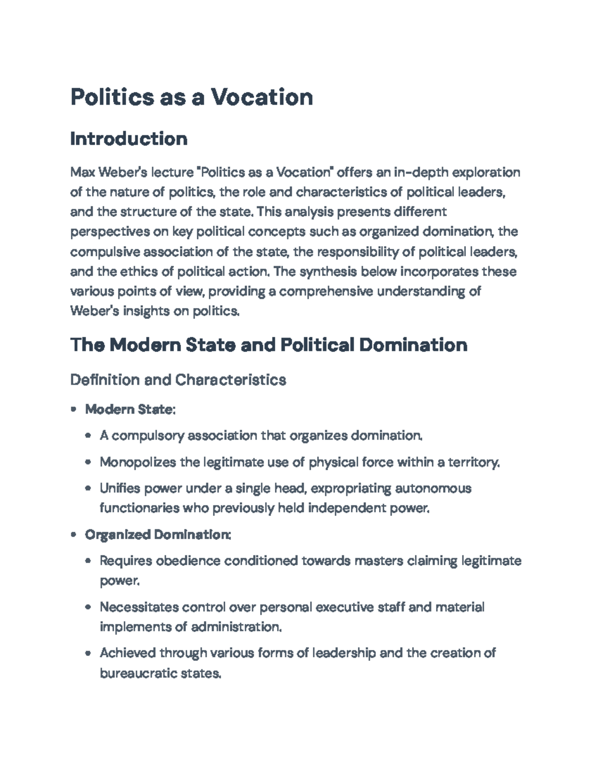Max Weber's Politics as a Vocation: Leadership & Ethics Analysis - Studocu