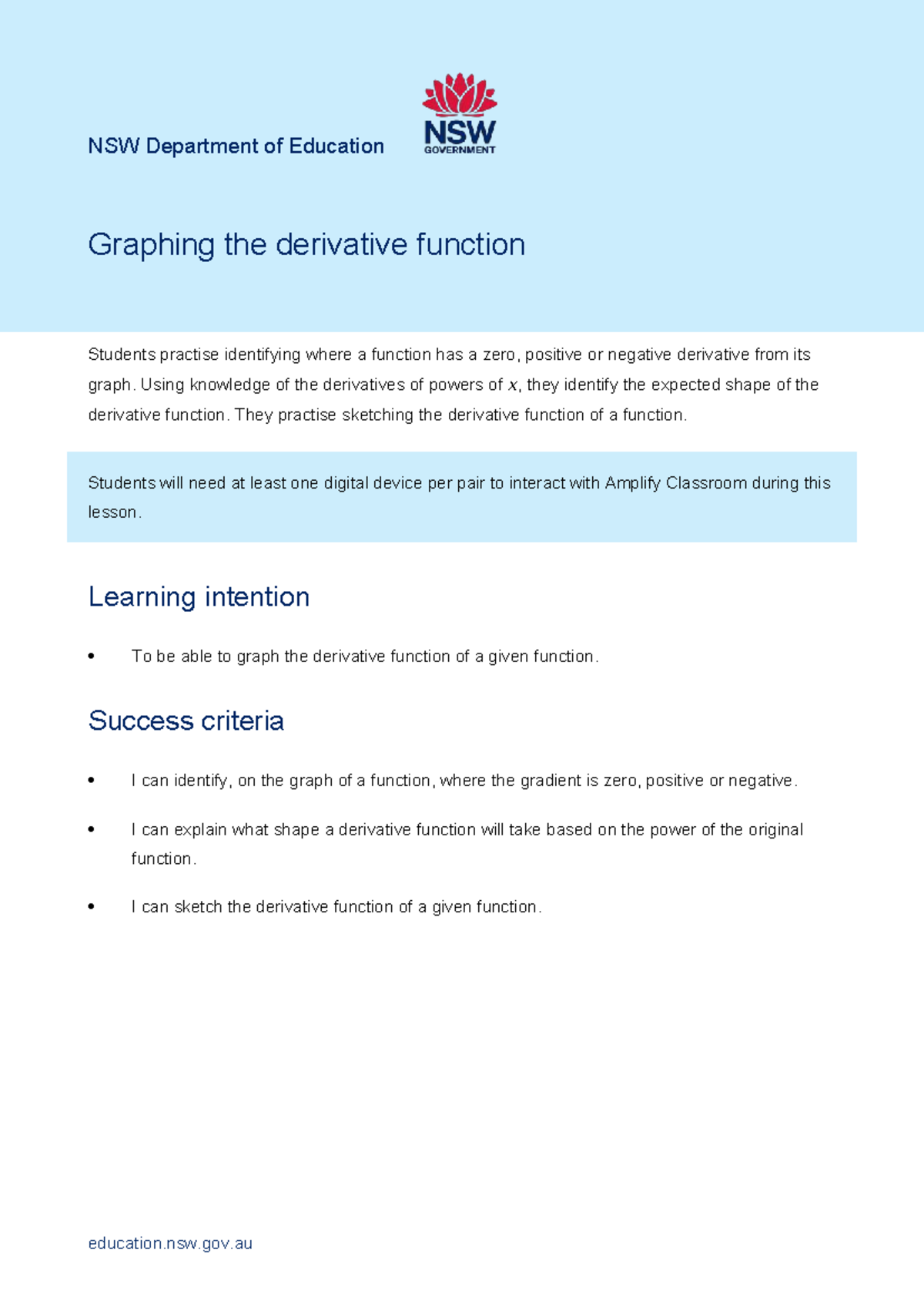 Mathematics S6 Advanced Unit 6 L09: Graphing the Derivative Function ...